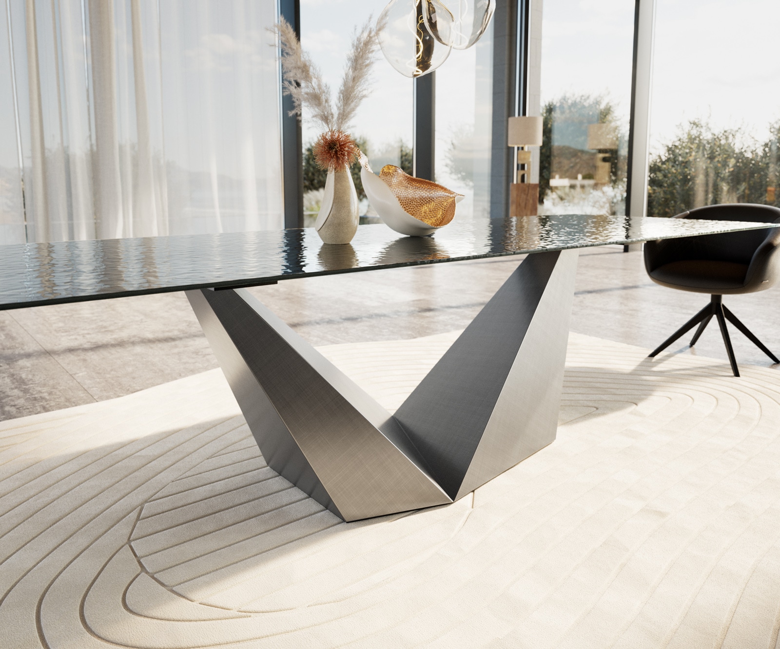 Esstisch Edge 300x100 Reliefglas Rauchschwarz 3D-Design Prisma Metallic Silber 5