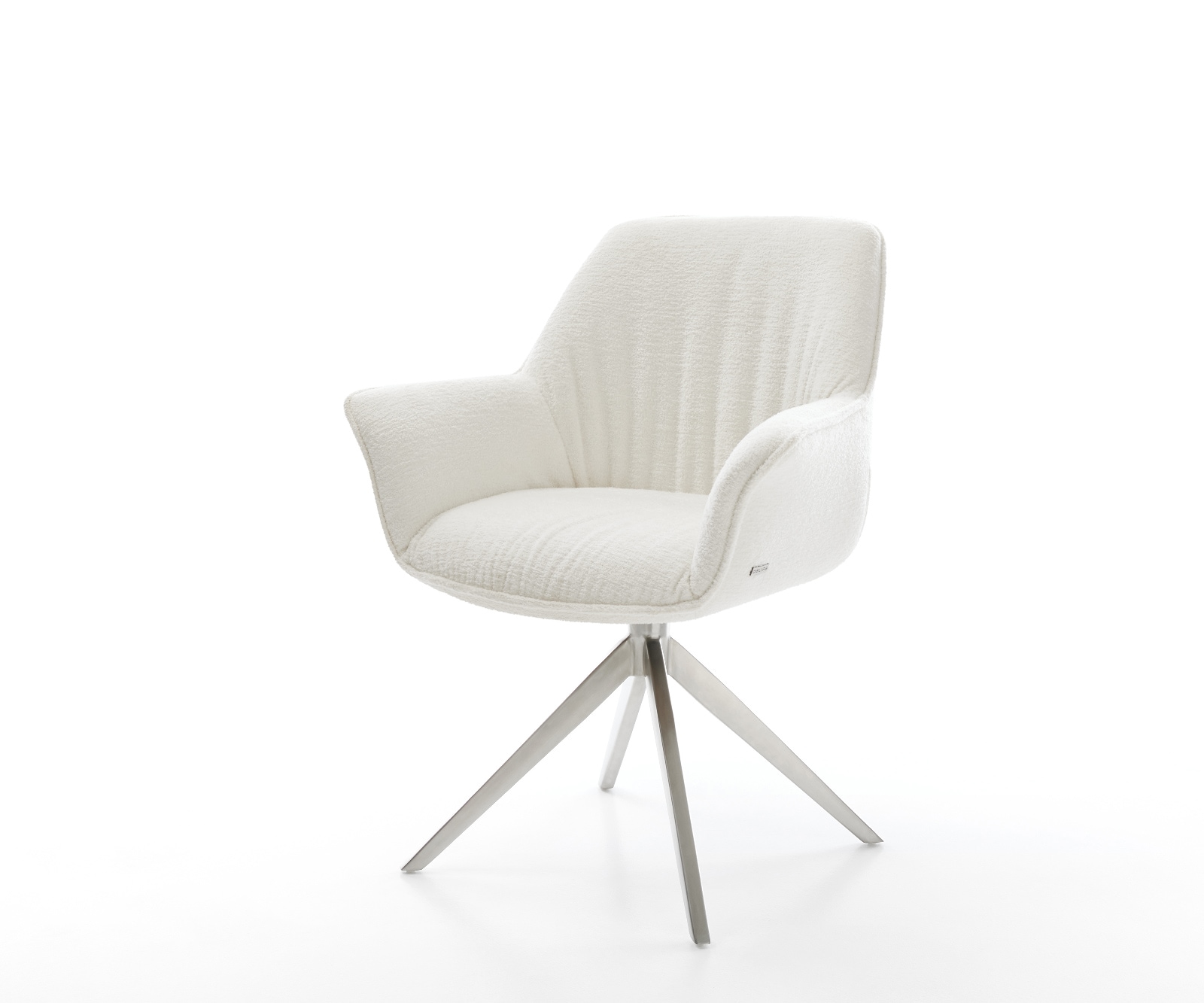 Drehstuhl Keila-Flex mit Armlehnen Bouclé Soft Beige Kreuzgestell breit Edelstahl 360° drehbar Wippfunktion