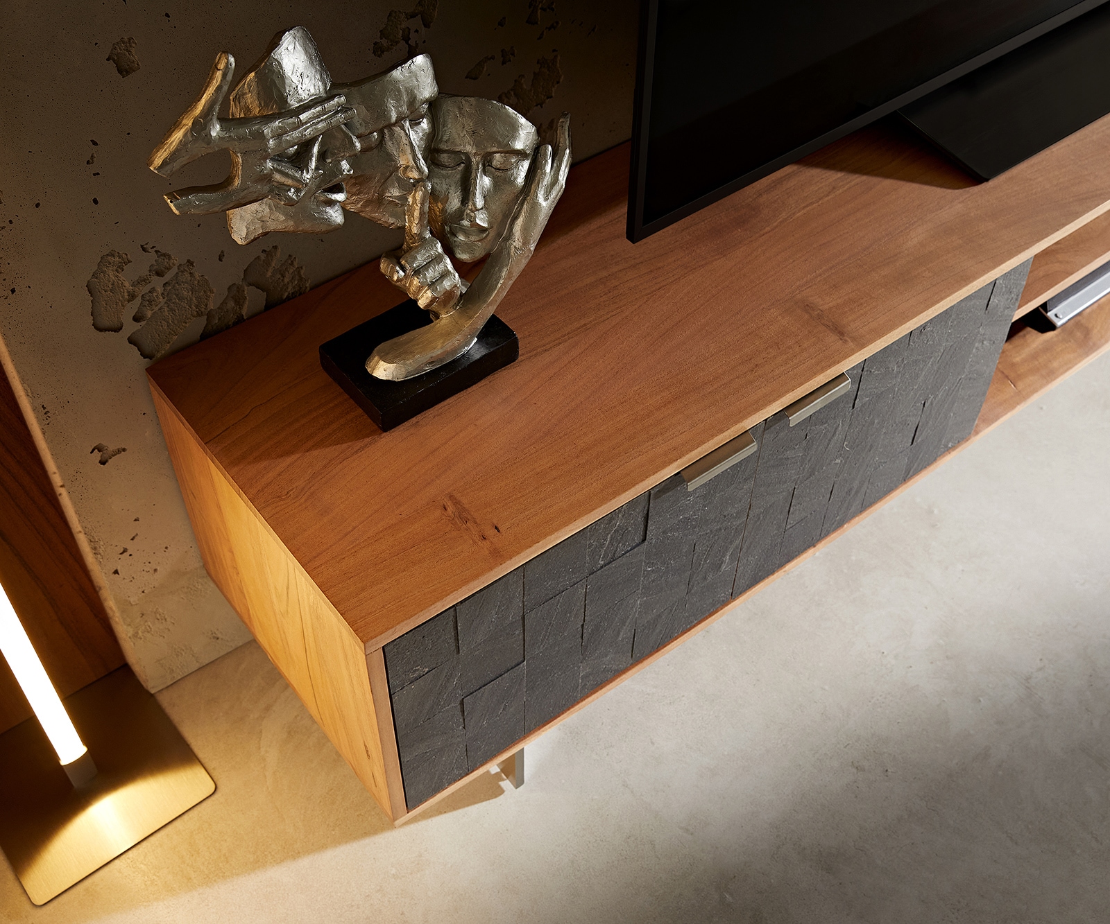 Lowboard Teele 240 cm Akazie Natur Schiefer 4 Türen Fuß schwebend Edelstahl 3 Lowboard Teele 240 cm Akazie Natur Schiefer 4 Türen Fuß schwebend Edelstahl 3