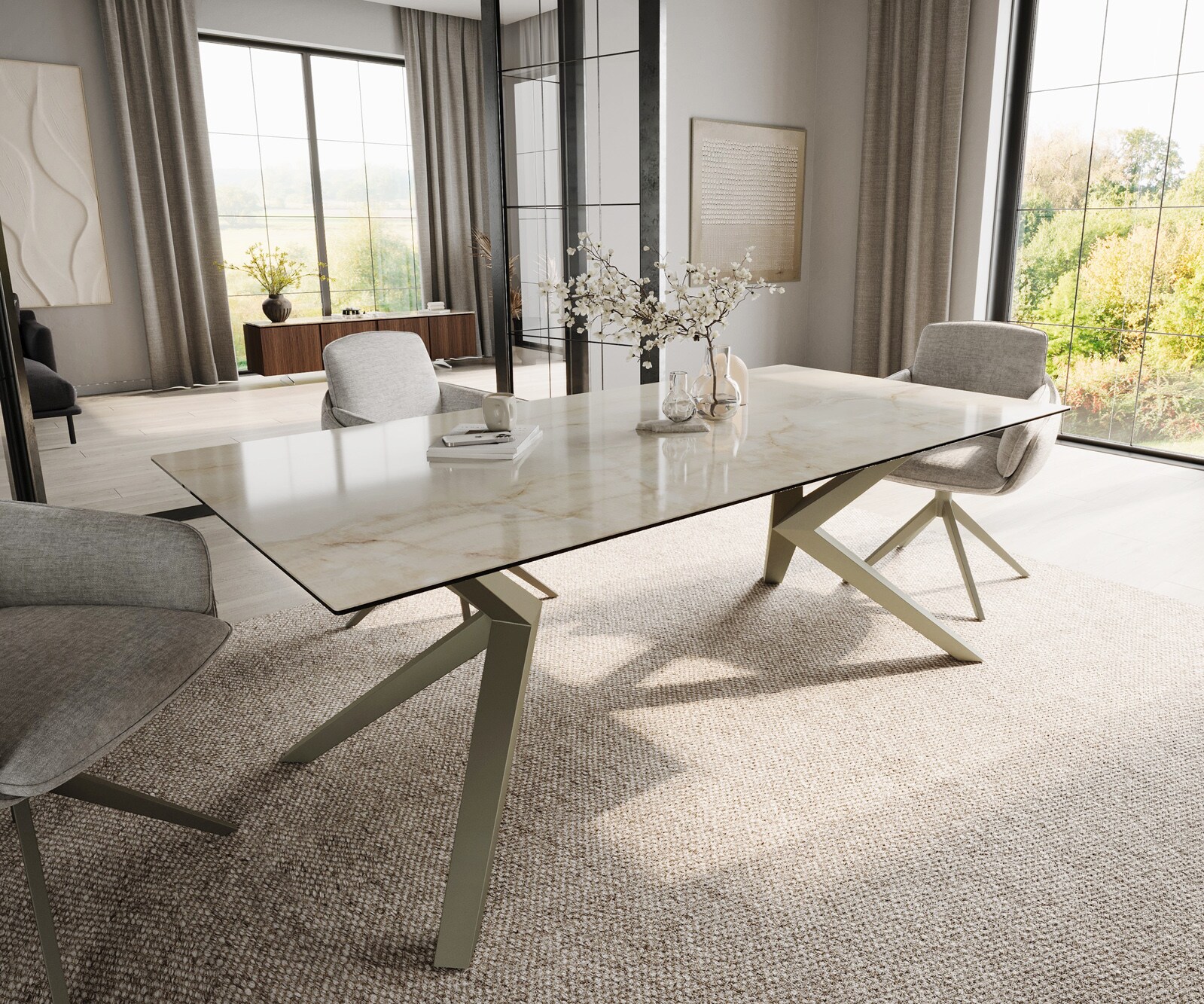 DELIFE Esstisch Edge 200x100 Keramik Laminam Onice Oro ℃Zenthara kantig Metall Effektfinish Titan
