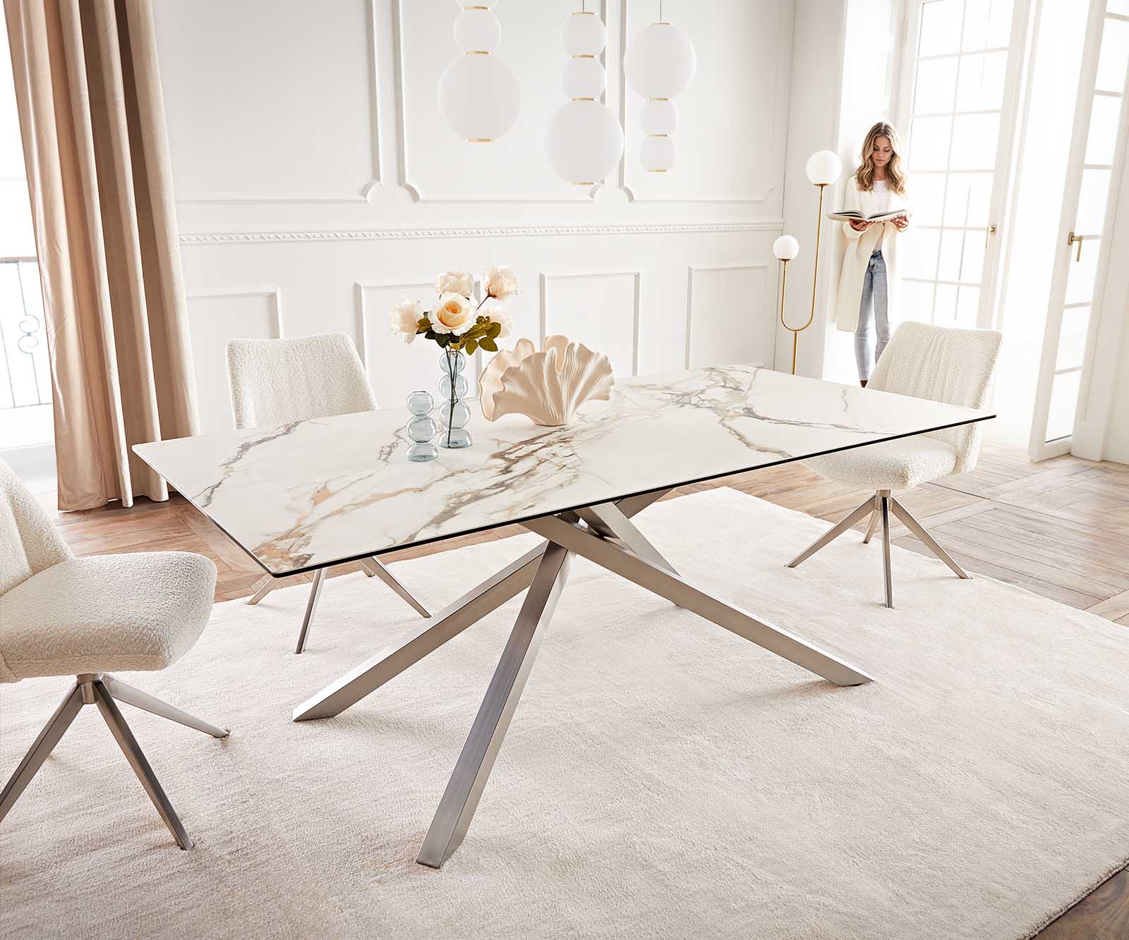 Esstisch Edge 200x100 Keramik Calacatta Luxe Weiß-Gold-Grau Kreuzgestell Rechteck Edelstahl 1