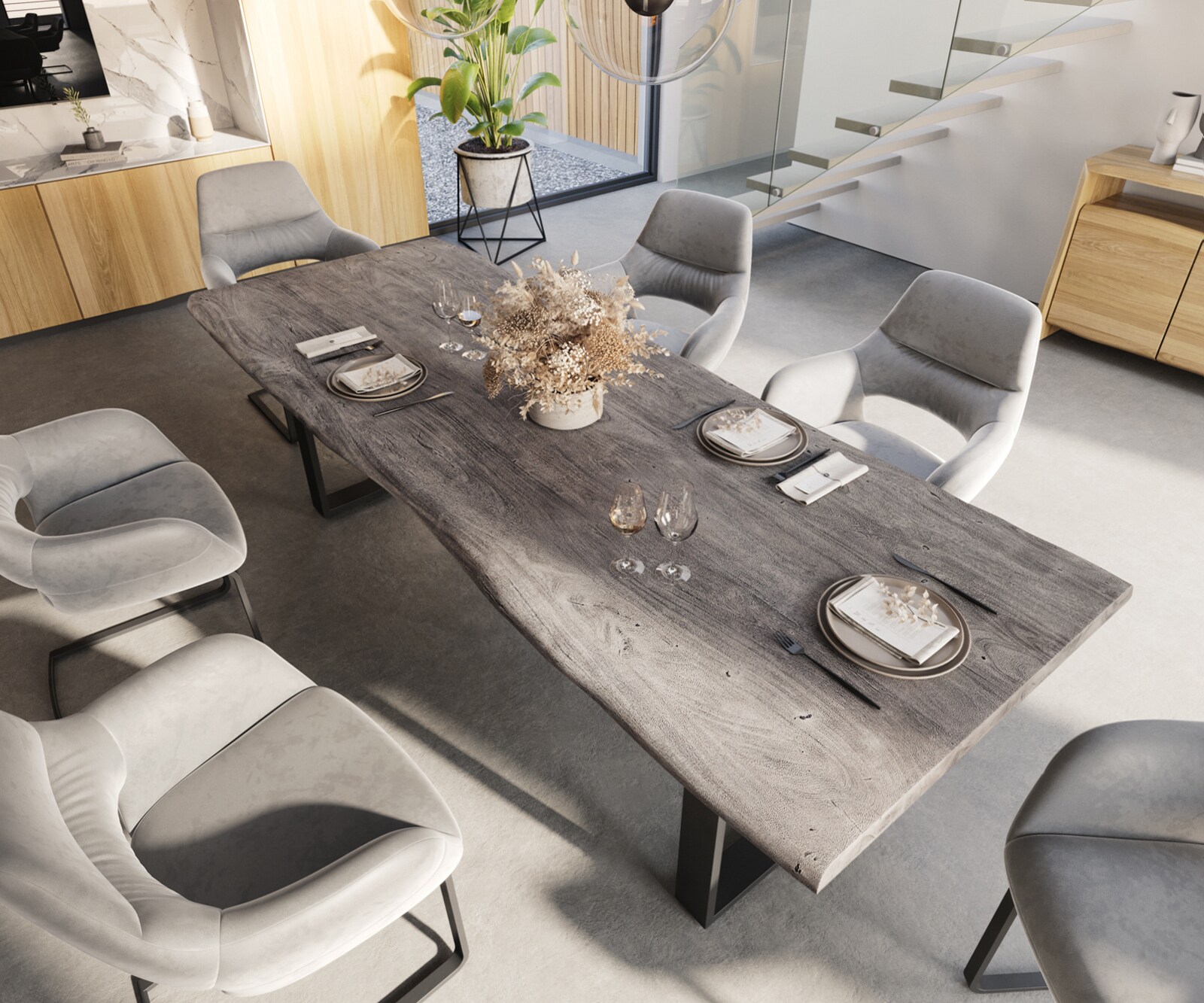 Esstisch Edge 260x100 XL Akazie Platin Metall Schmal schwarz Live-Edge 3