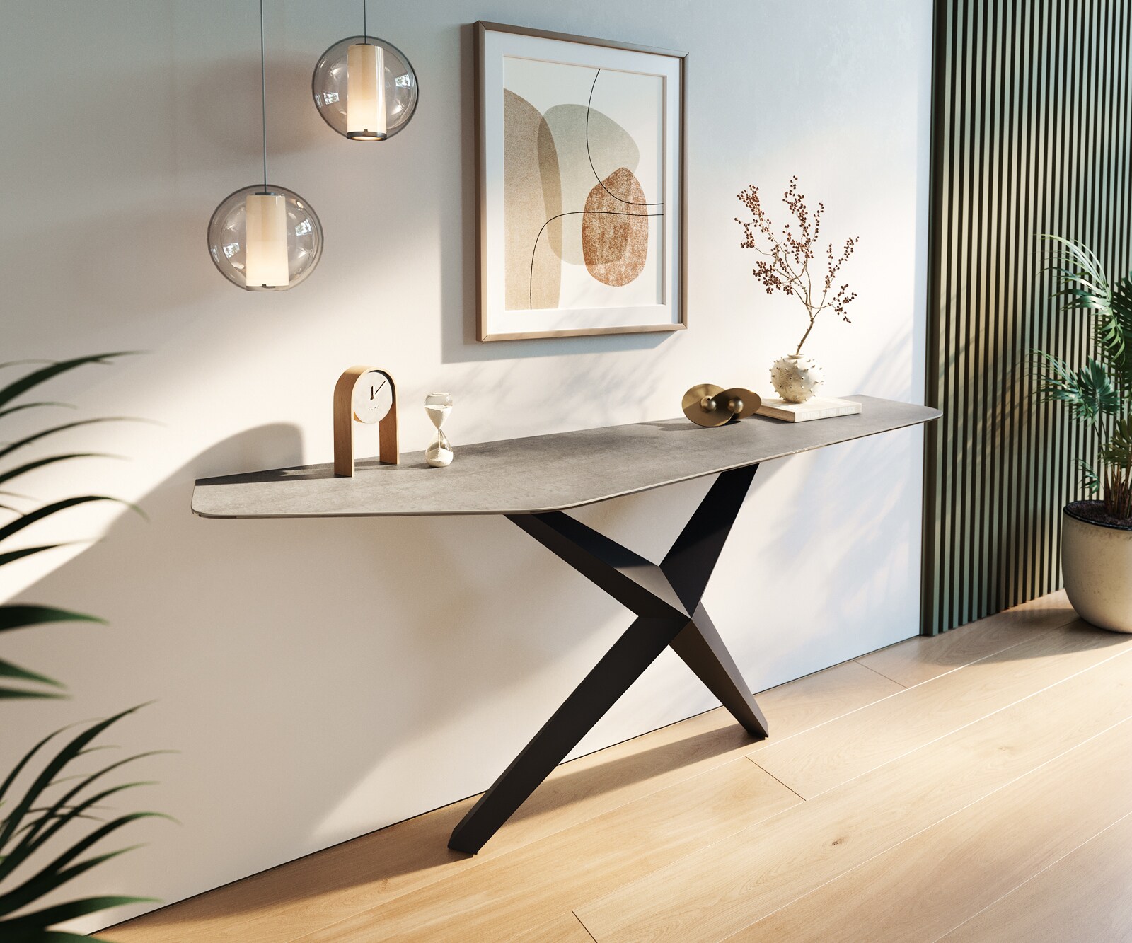 Konsolentisch Edge Polygonal 180x50 cm Keramik Beton Grau Zentharo Metall Schwarz