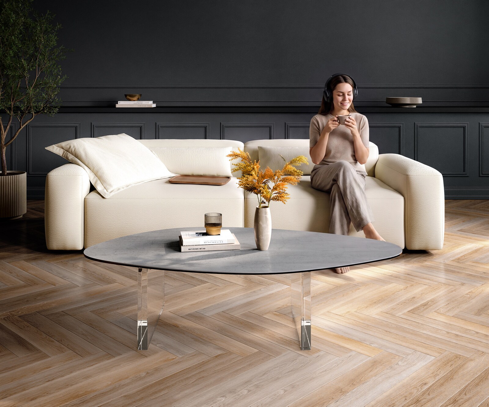 Couchtisch Edge Organisch 140x76 cm Keramik Beton Grau Lumia Acryl 2