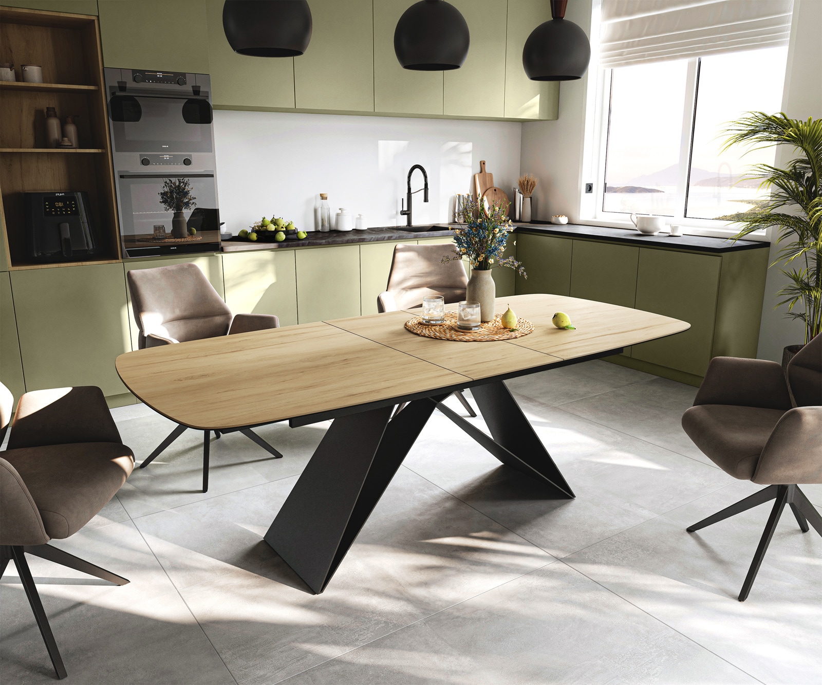 Esstisch Edge Boot 180-220x100 cm Keramik Laminam® Sabbia Eichefarbig V-Gestell Flachstahl Schwarz ausziehbar