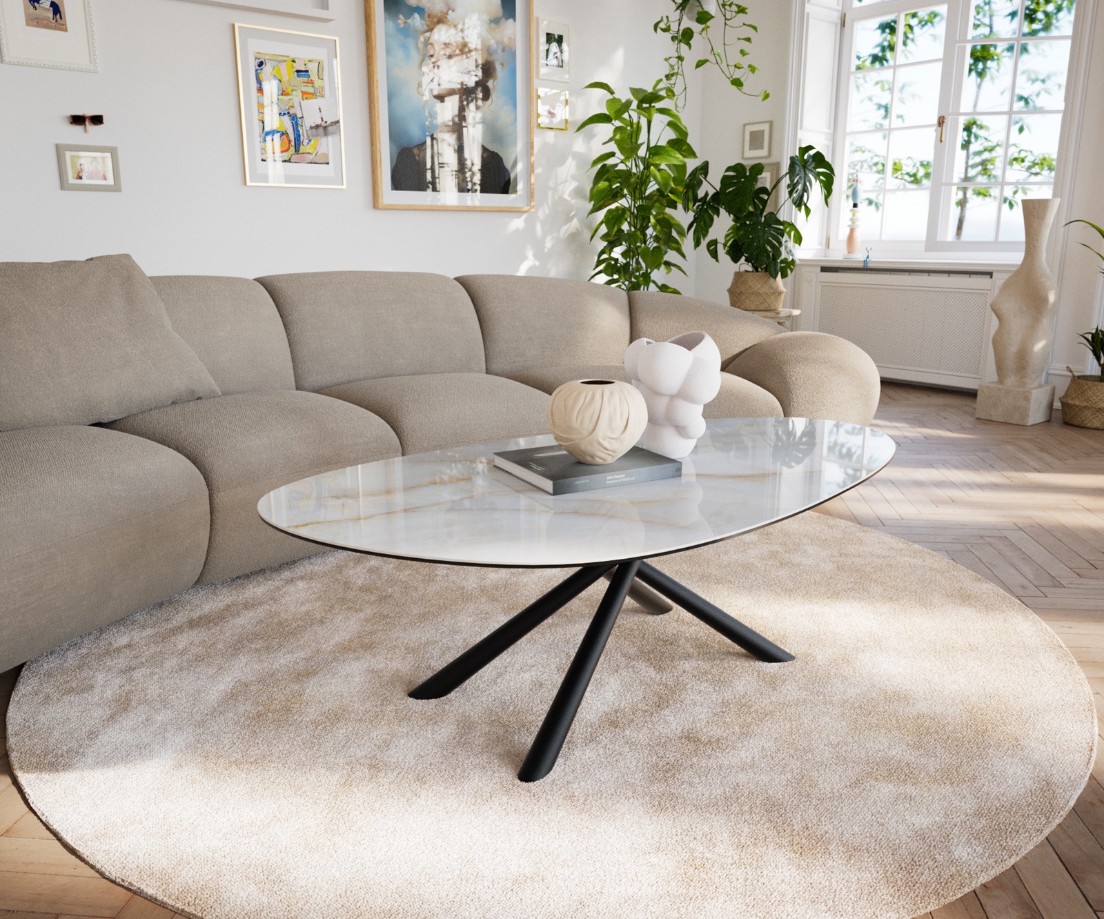 Couchtisch Edge Oval 140x75 cm Keramik Onyx Pearl Sarity Metall Schwarz