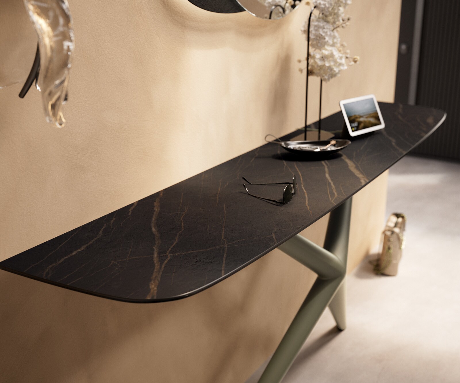 Konsolentisch Edge Boot 180x40 cm Keramik Laminam® Noir Desir Braun Estelo Metall Effektfinish Titan 6