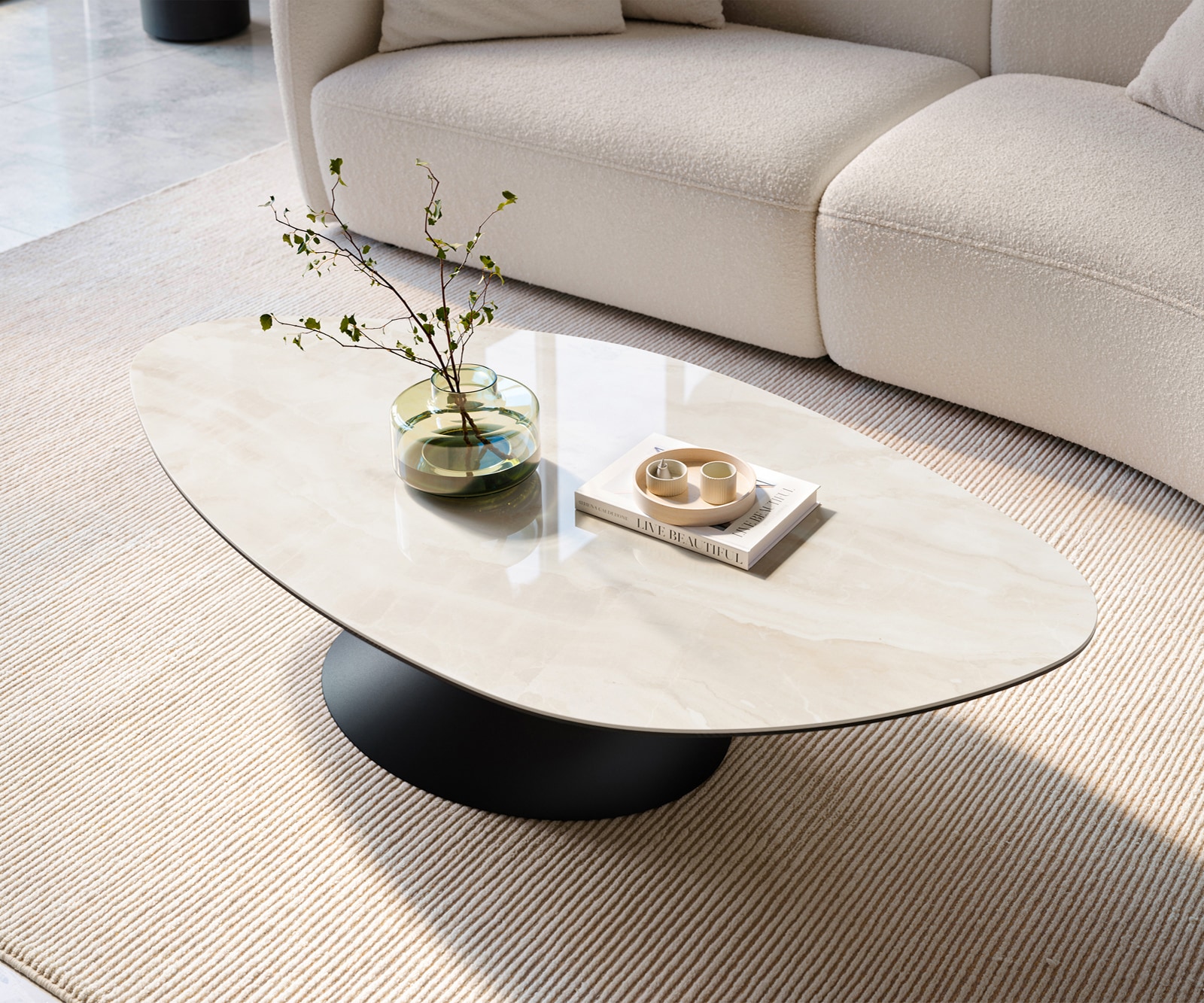Couchtisch Edge Organisch 140x76 cm Keramik Onyx Champagne Conis Metall Schwarz 1