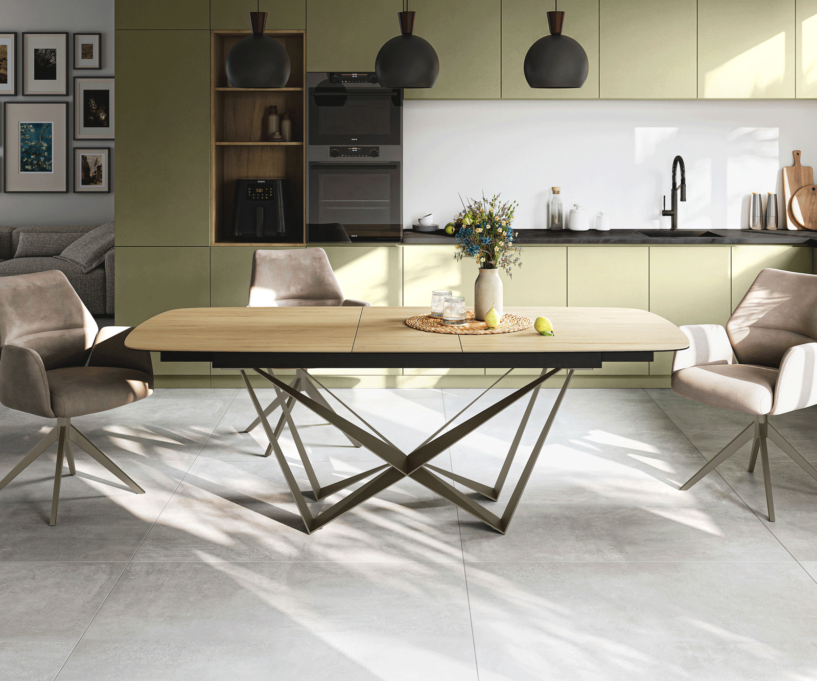 Esstisch Edge Boot 180-220x100 cm Keramik Laminam® Sabbia Eichefarbig Spider Metall Effektfinish Titan ausziehbar 2