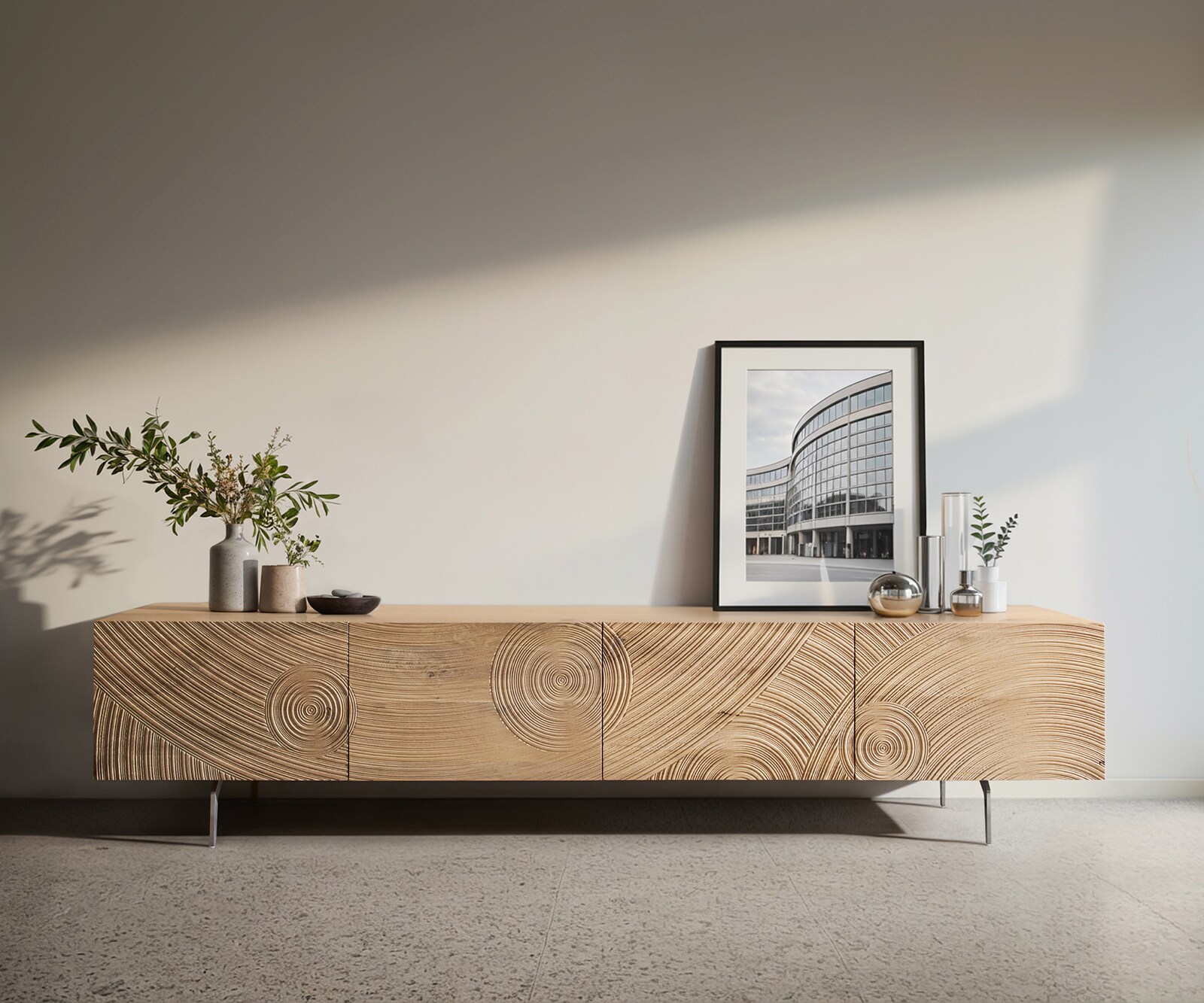 Lowboard Ashara 220 cm Eiche Natur 3D Effekt 4 Türen Winkelfuß Edelstahl gebürstet 1