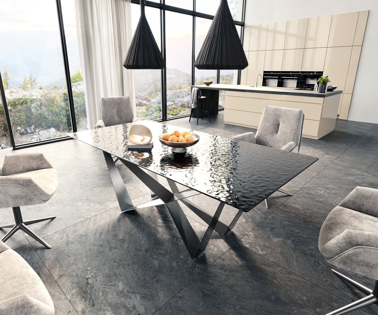 Esstisch Edge 200x100 Reliefglas Rauchschwarz 3D-Design Spider Flachstahl Edelstahl Esstisch Edge 200x100 Reliefglas Rauchschwarz 3D-Design Spider Flachstahl Edelstahl