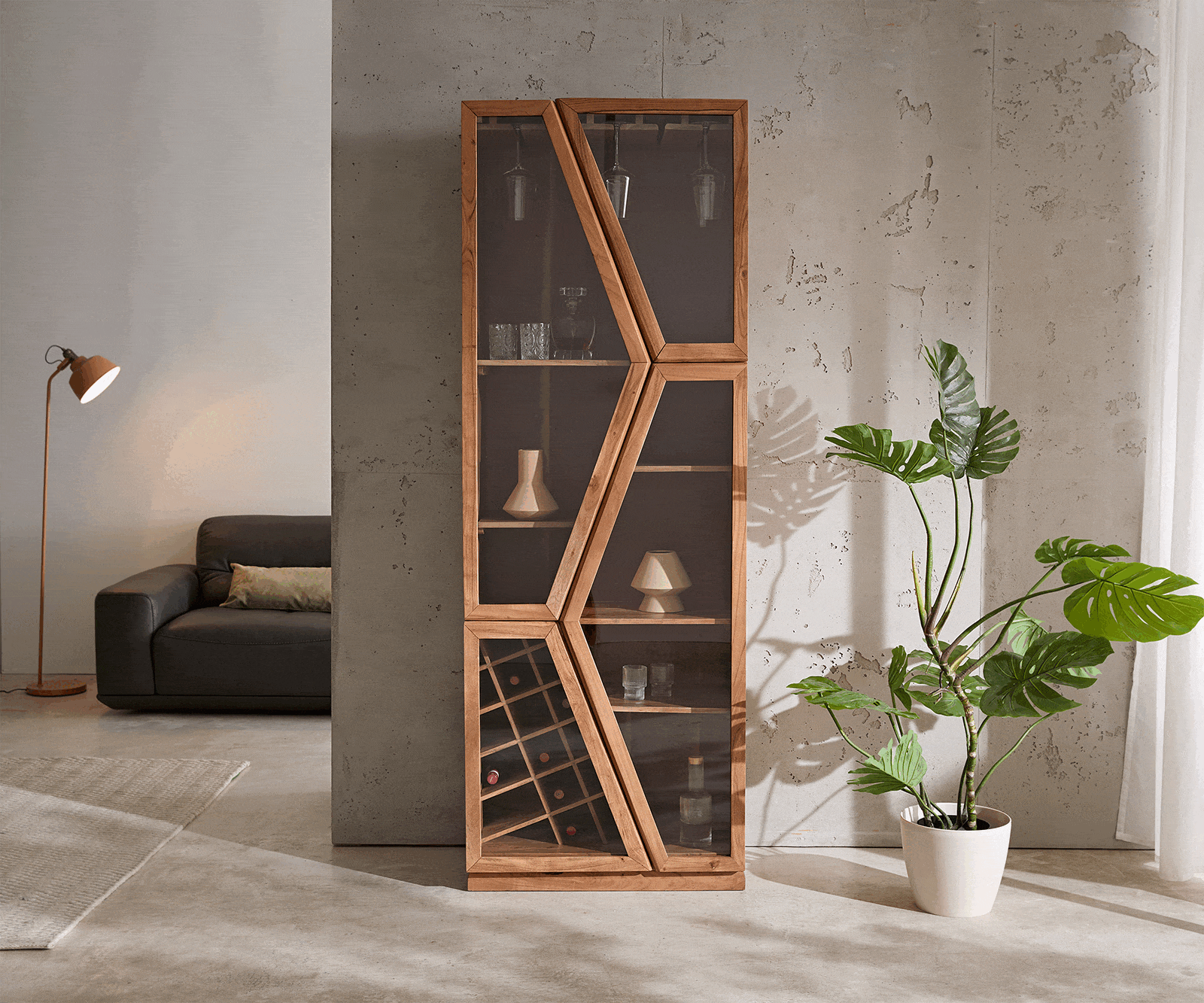 Vitrine Taza 75x210 cm Akazie Natur 4 Türen Barschrank 3
