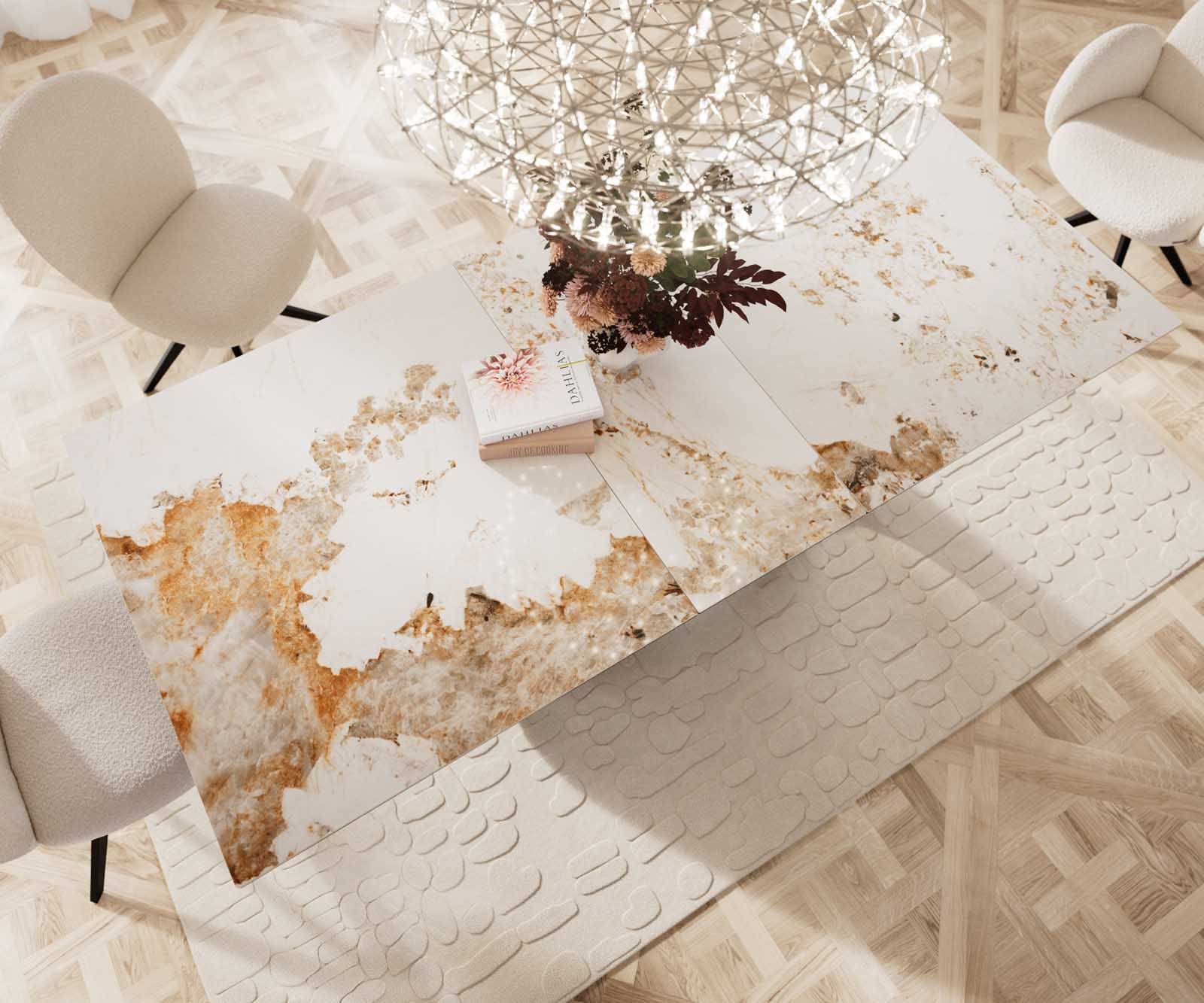 Esstisch Edge 180-220x100 Keramik Minas Melange Weiß-Beige W-Gestell Effektfinish Titan Ausziehbar 6