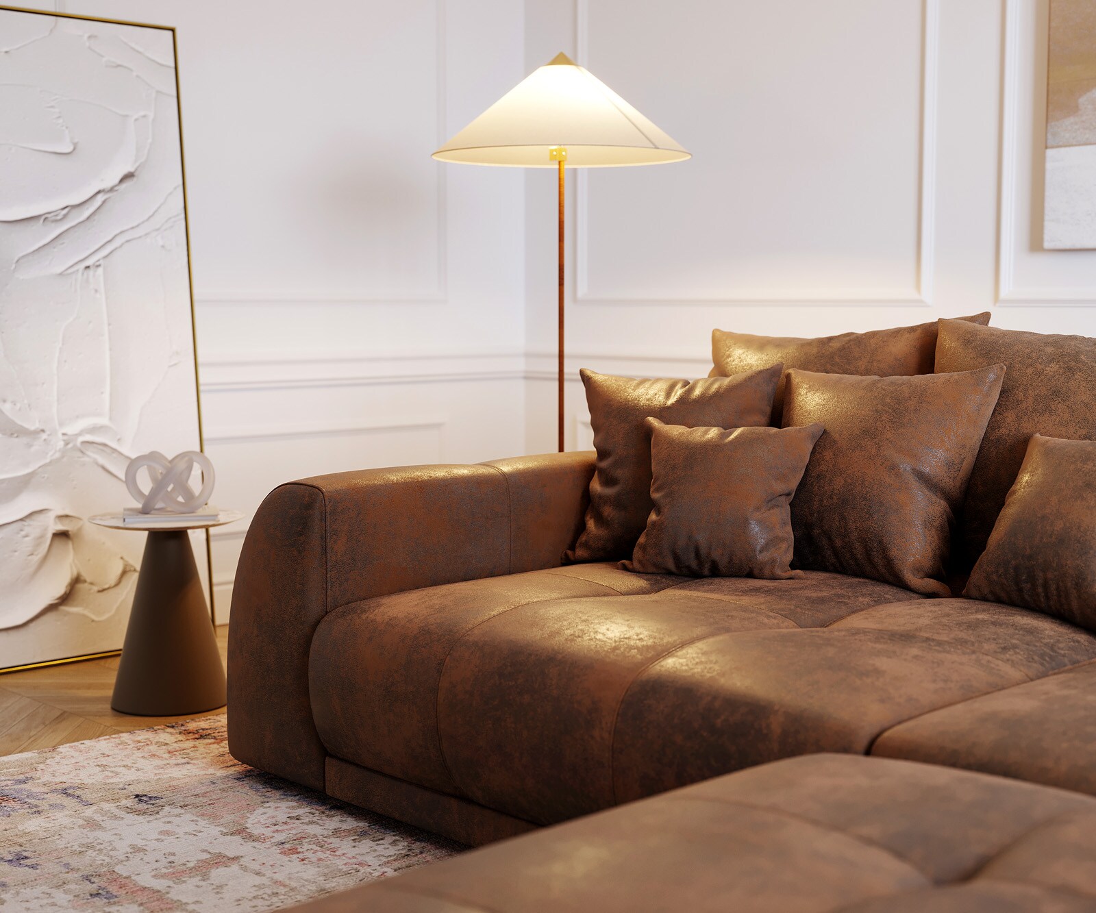 Big-Sofa Violetta 310x135 Braun Antik Optik Hocker Kissen 4