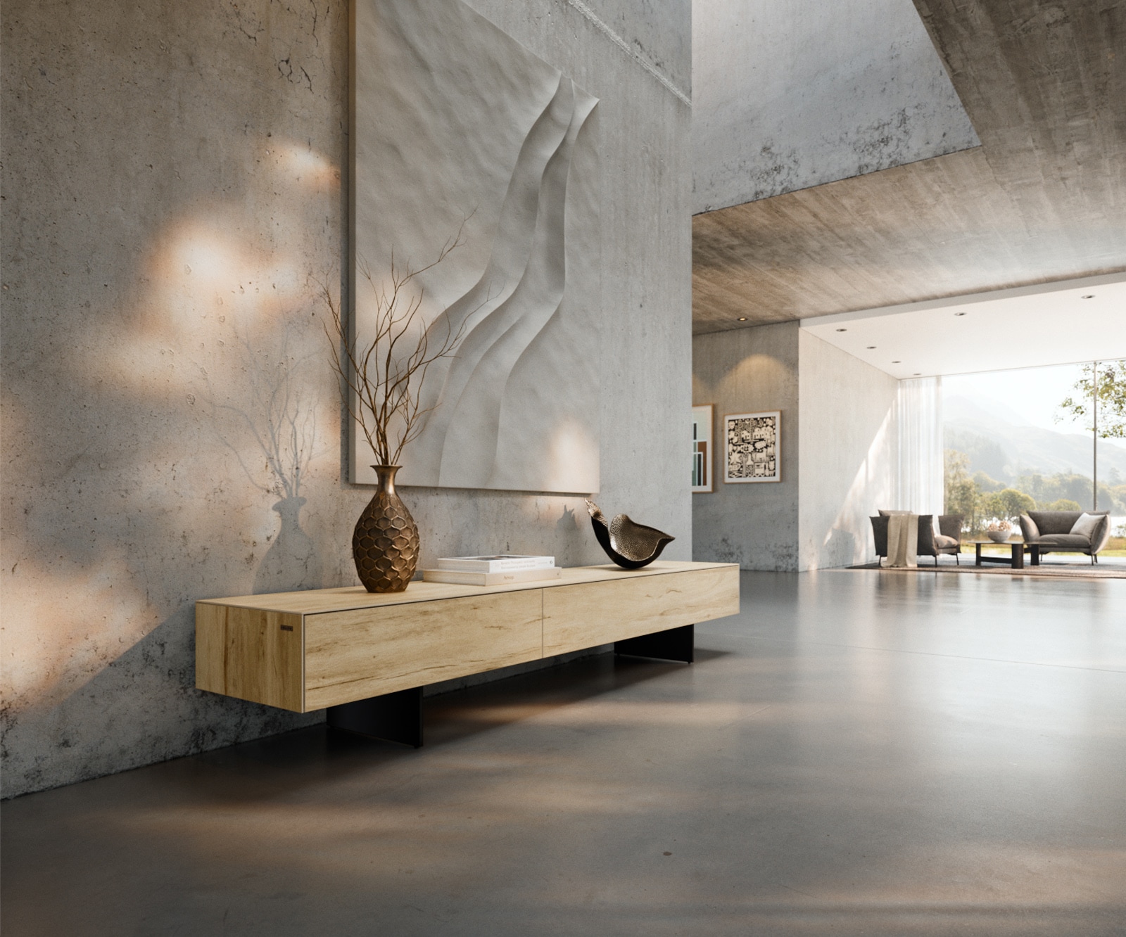 Lowboard Cuor 200 cm Keramik Laminam® Sabbia Eichefarbig 1 Klappe 1 Schubfach Fuß Schwebeoptik Metall Schwarz