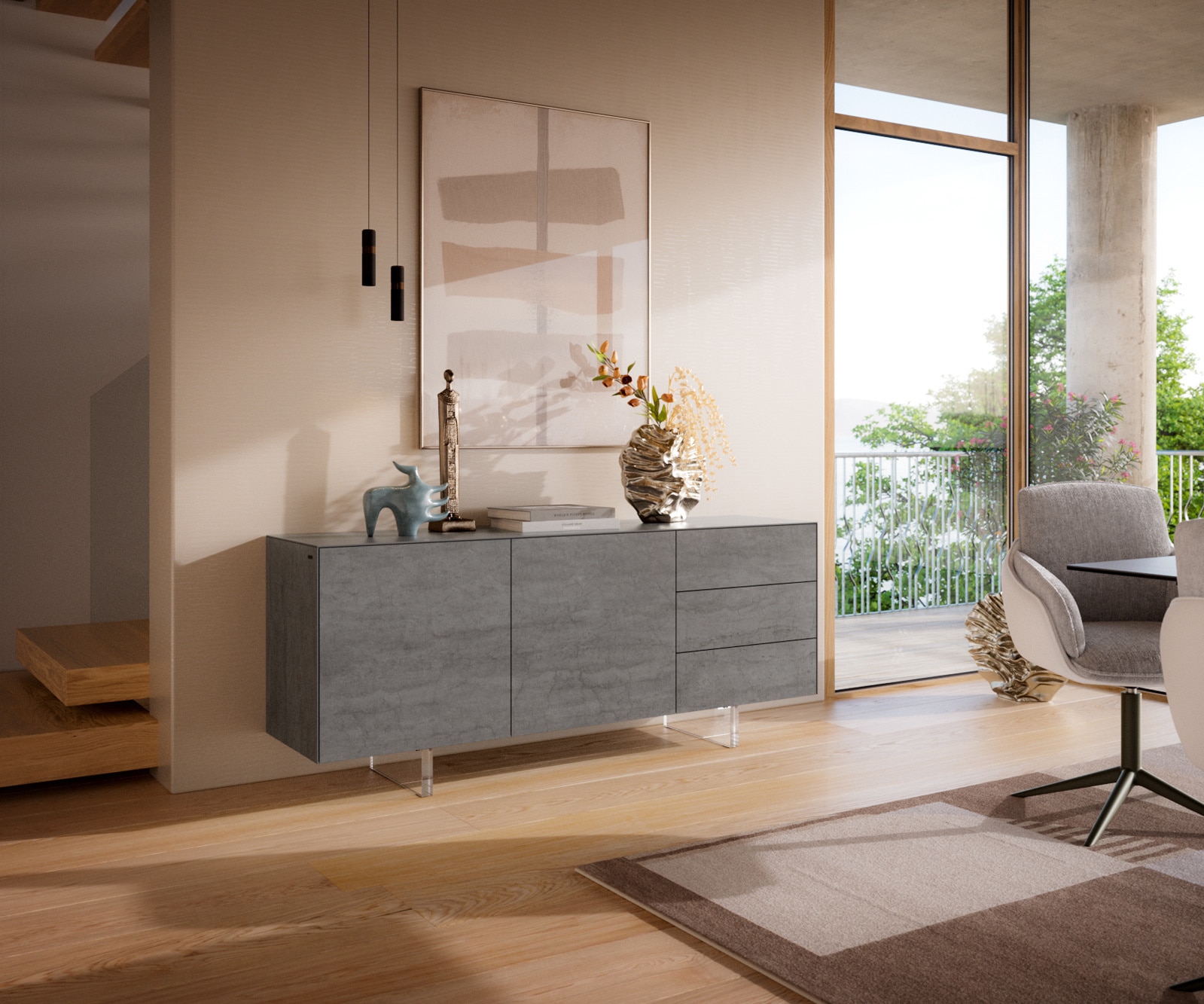 Sideboard Cuor 180 cm Keramik Beton Grau 2 Türen 3 Schubfächer Fuß Schwebeoptik Acrylglas