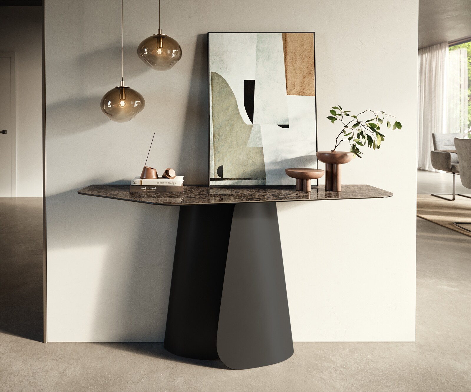 Konsolentisch Edge Polygonal 140x50 cm Keramik Emperador Extra Lucidato Dunkelbraun Livos Metall Schwarz