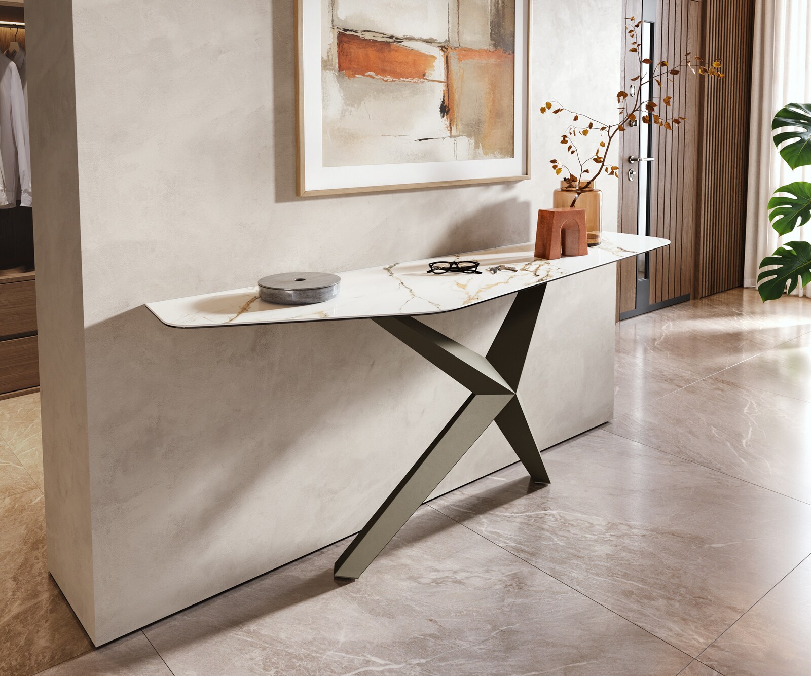 Konsolentisch Edge Polygonal 180x50 cm Keramik Calacatta Luxe Weiß-Gold-Grau Zentharo Metall Effektfinish Titan