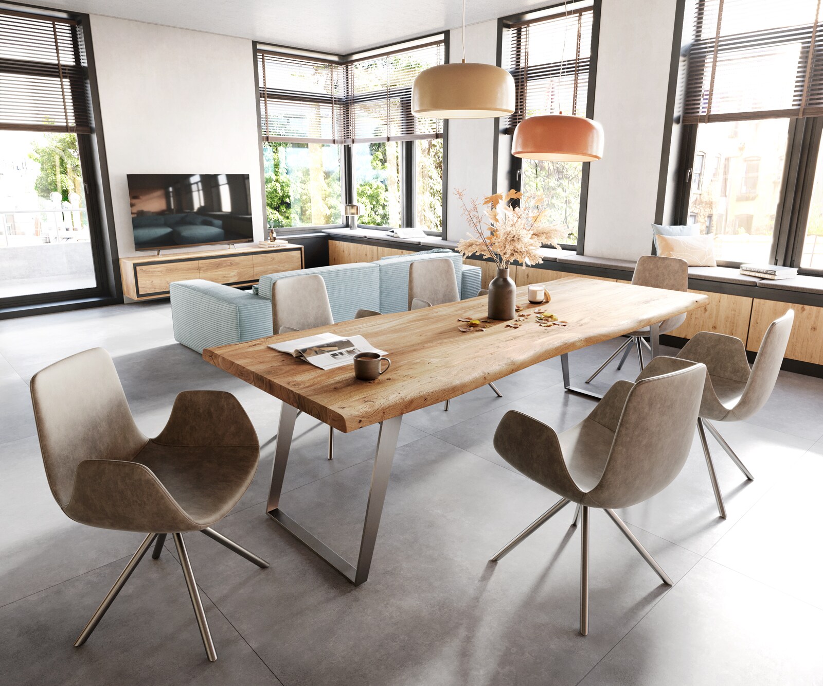 Esstisch Edge 260x100cm XL Akazie Natur Edelstahl Silber schräg Live-Edge 5