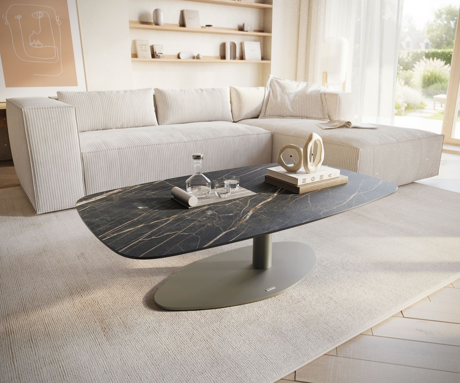 Couchtisch Edge Boot 120x70 cm Keramik Laminam® Noir Desir Braun Vibany Metall Effektfinish Titan