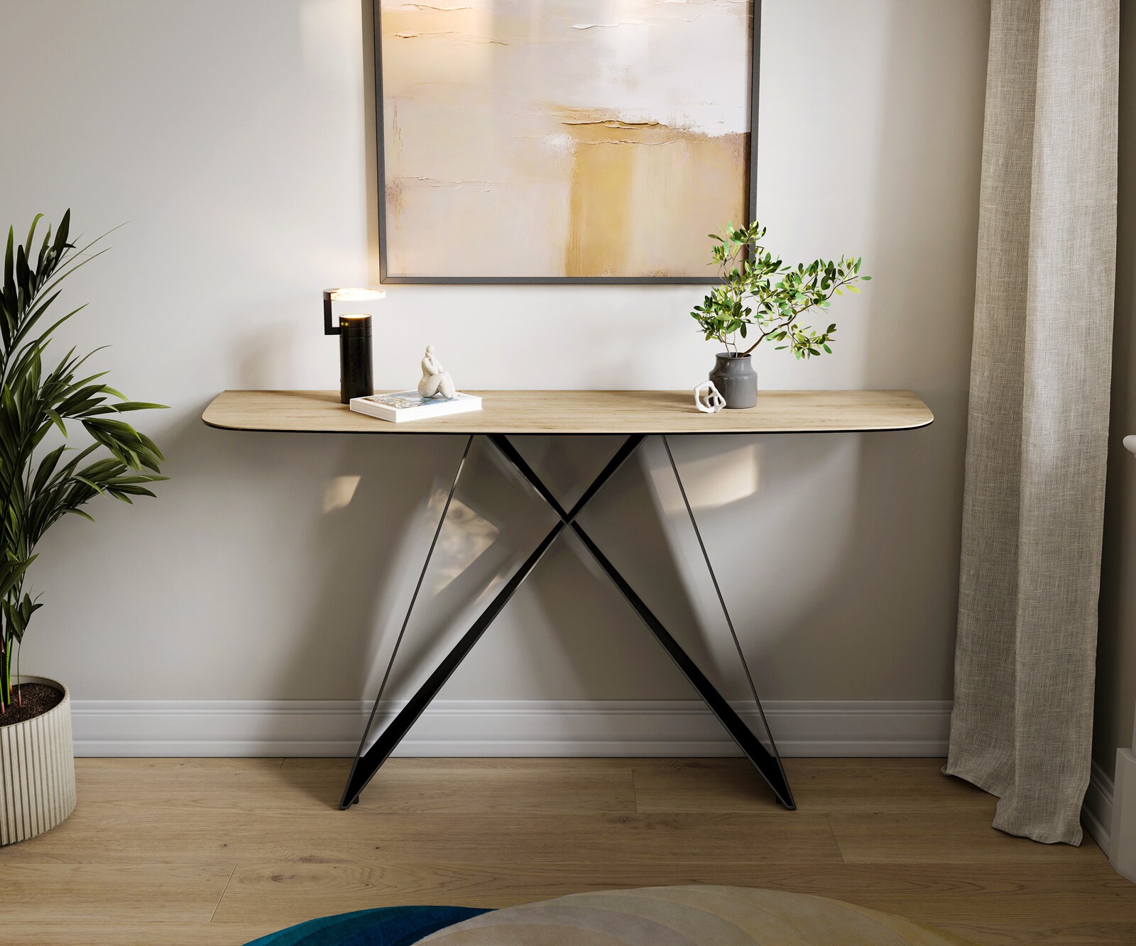 Konsolentisch Edge Boot 140x40 cm Keramik Laminam® Sabbia Eichefarbig Velio Metall Schwarz