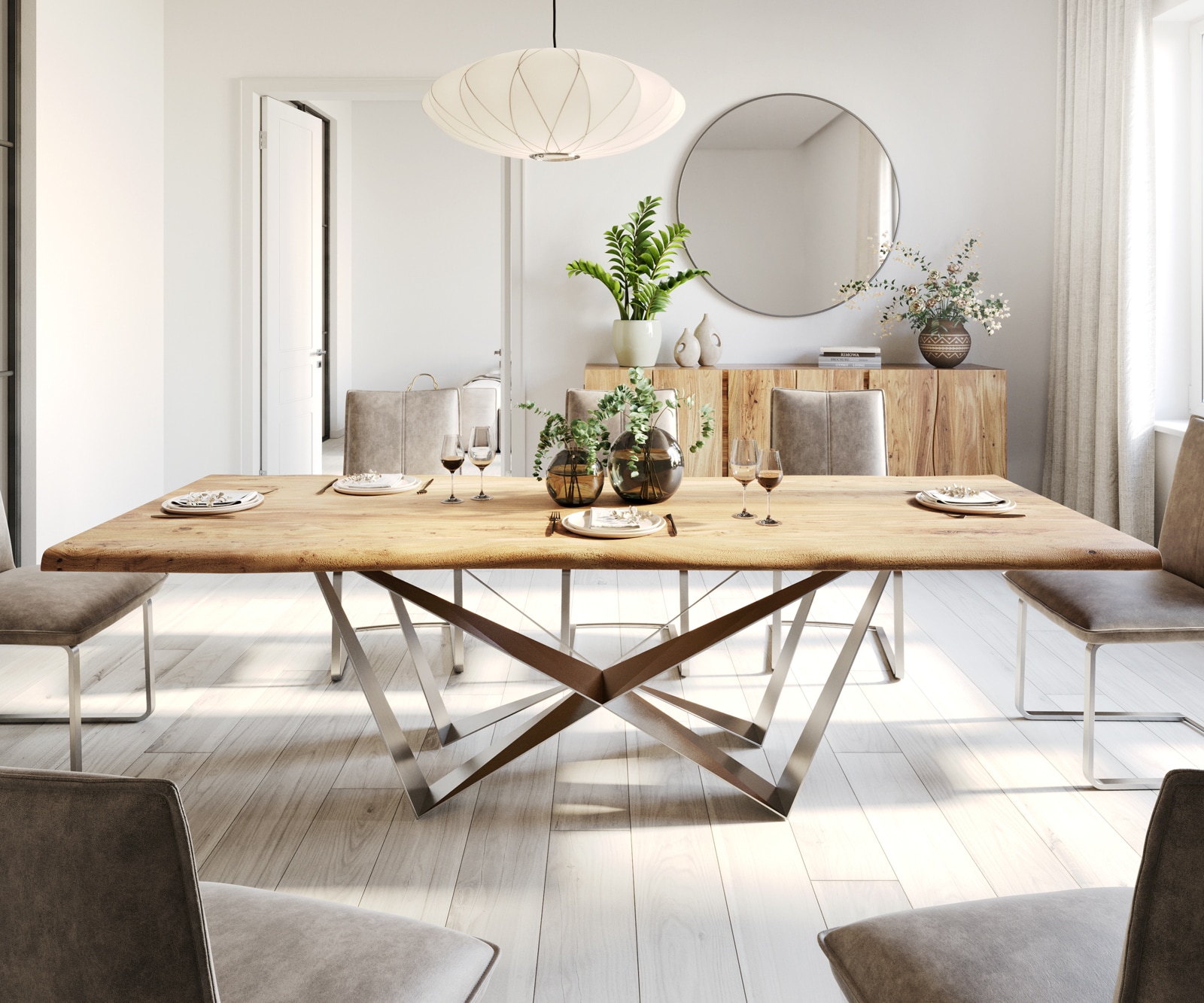 Esstisch Edge 260x100 Akazie Natur Spider Flachstahl Edelstahl Live-Edge 2