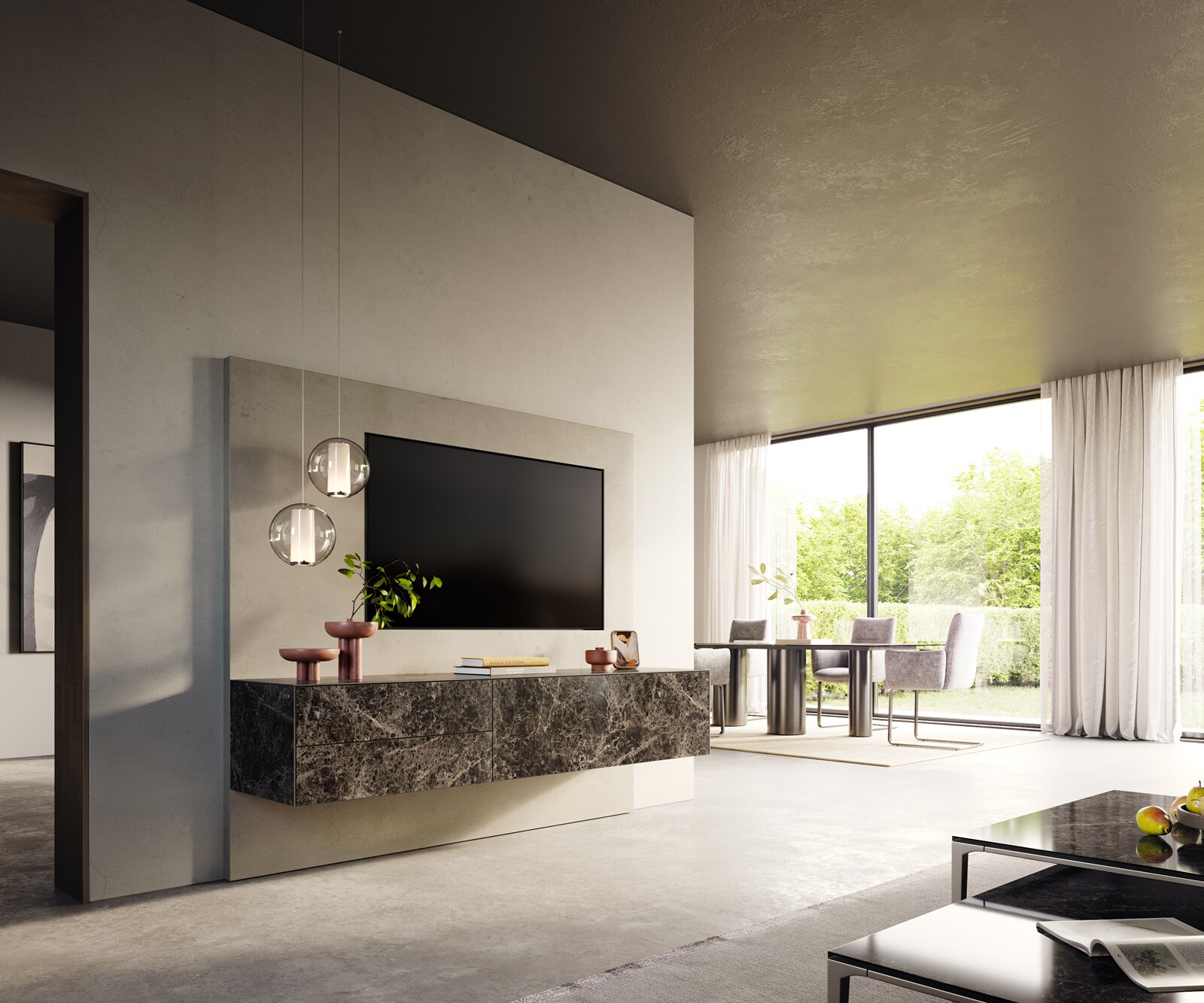 Lowboard Cuor 180 cm Keramik Laminam® Emperador Extra Lucidato Dunkelbraun 1 Klappe 2 Schubfächer Schwebend 7