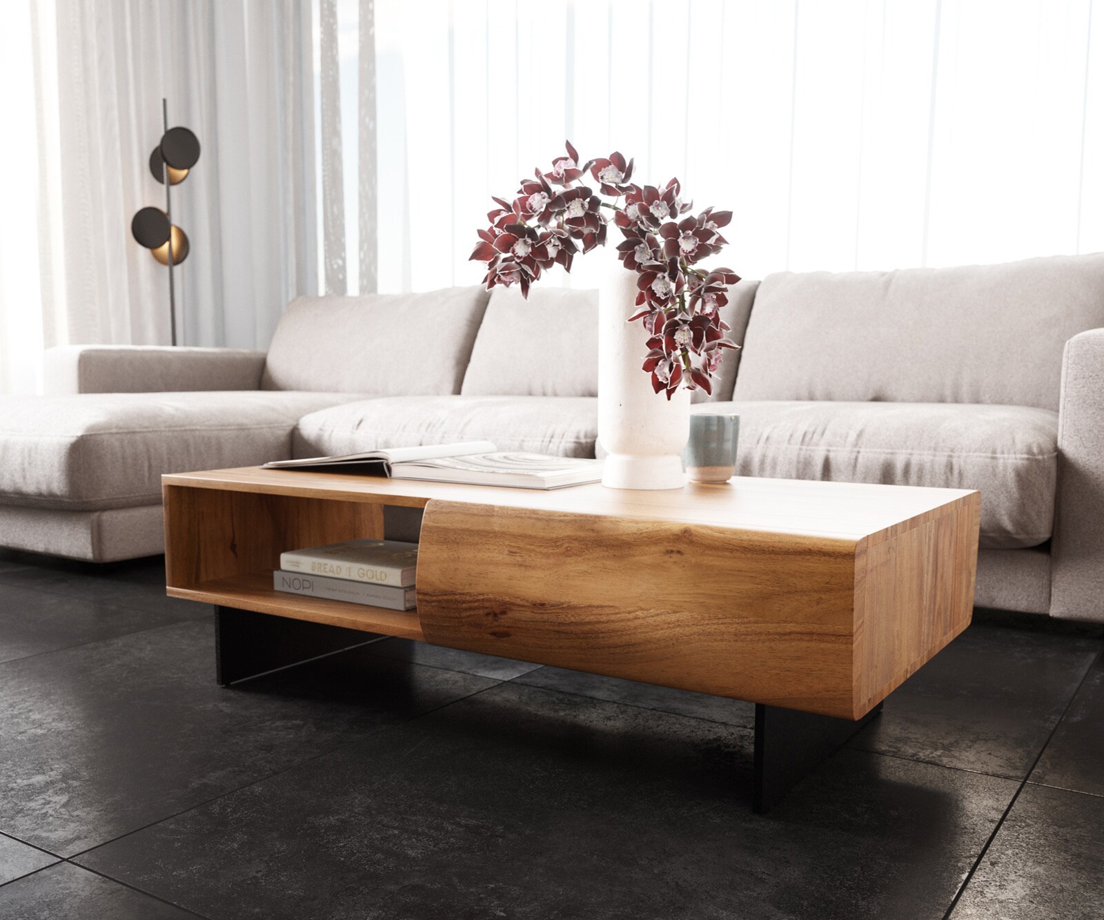 Couchtisch New Live-Edge 115x60 cm Akazie Natur 2 Schubladen 1 Fach Fuß sch günstig online kaufen