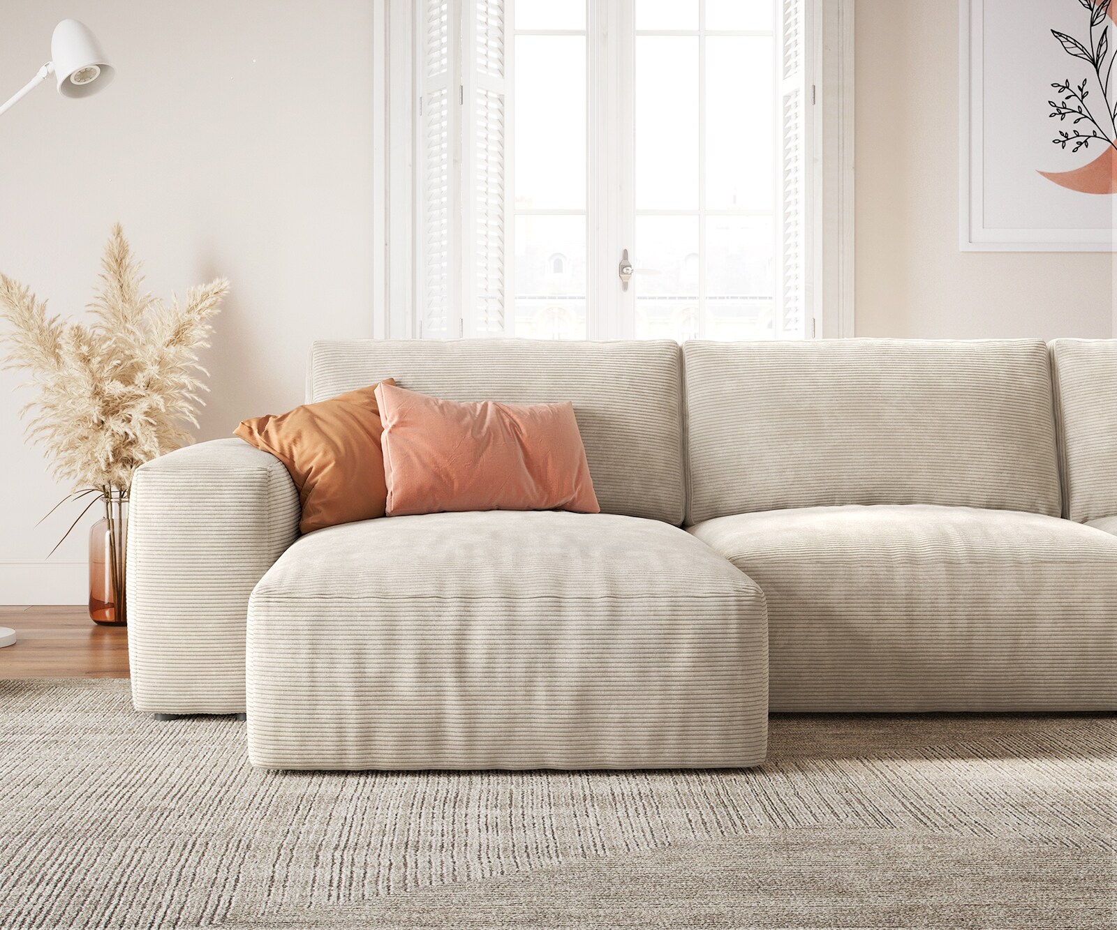 Wohnlandschaft Lanzo 300x210 cm Cord Beige Recamiere variabel 4