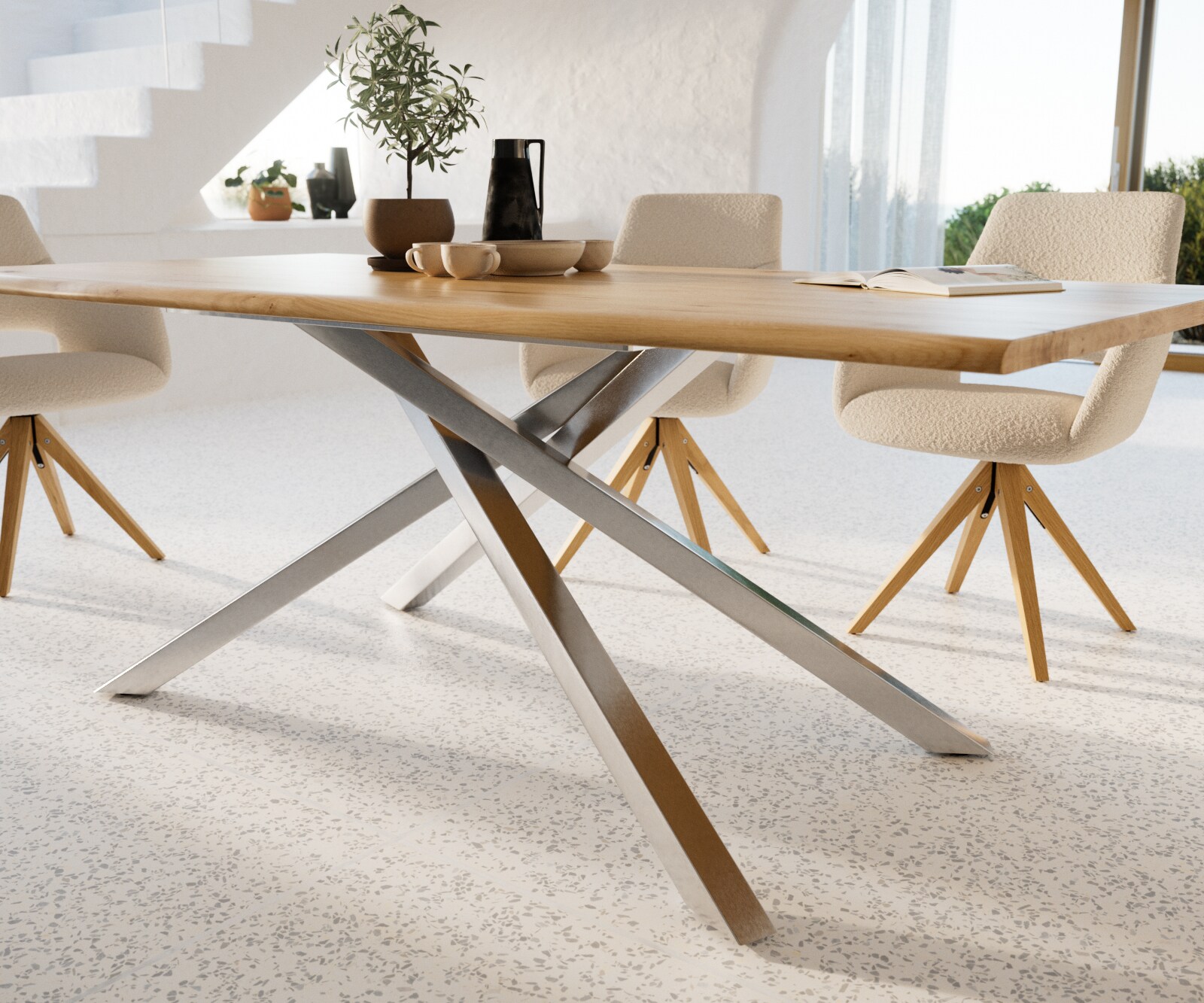 Esstisch Edge 200x100x2,5-3 Eiche Natur Kreuzgestell Rechteck Edelstahl Live-Edge 6
