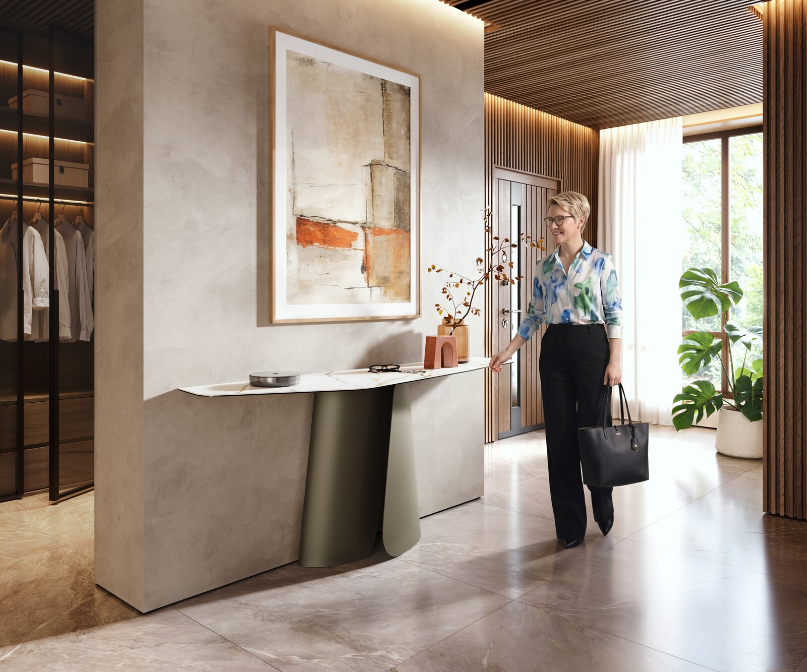 Konsolentisch Edge Polygonal 180x50 cm Keramik Calacatta Luxe Weiß-Gold-Grau Livos Metall Effektfinish Titan 6