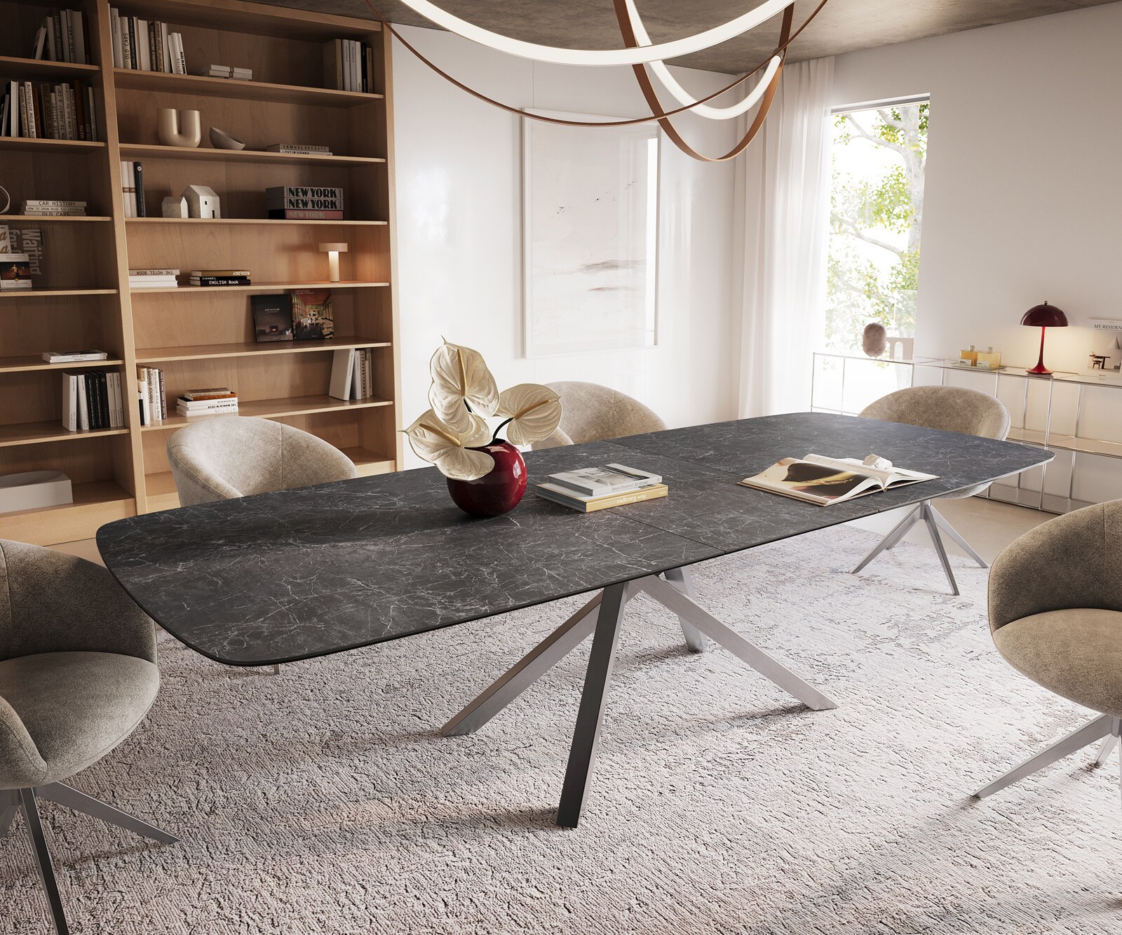 Esstisch Edge Boot 240-300x120 cm Keramik Laminam® Nero Greco Anthrazit Kreuzgestell Rechteck Edelstahl ausziehbar 1
