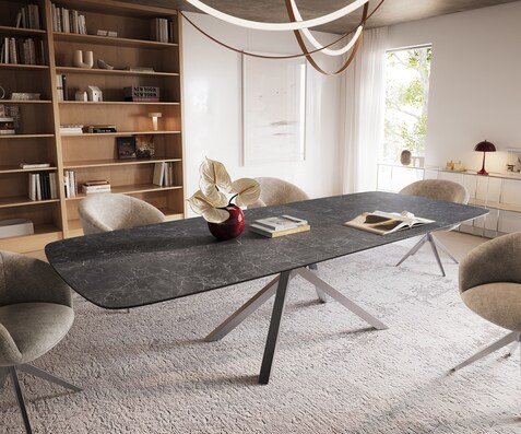 Esstisch Edge Boot 240-300x120 cm Keramik Laminam® Nero Greco Anthrazit Kreuzgestell Rechteck Edelstahl ausziehbar