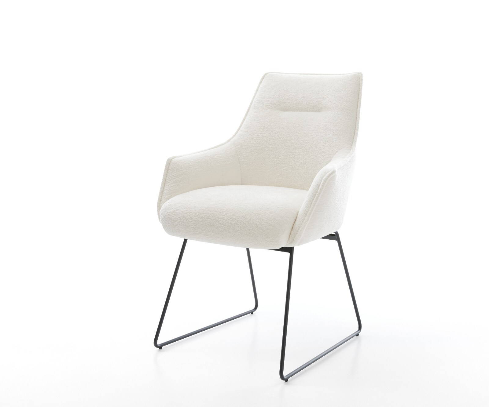 Esszimmerstuhl Alja-Flex mit Armlehnen Bouclé Soft Beige Kufengestell Schwarz Taschenfederkern