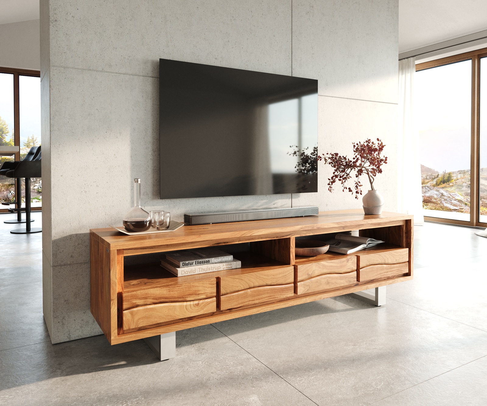 Fernsehtisch Live-Edge Akazie 190 cm mit Schubkästen Baumkante Fernsehtisch Live-Edge Akazie 190 cm mit Schubkästen Baumkante