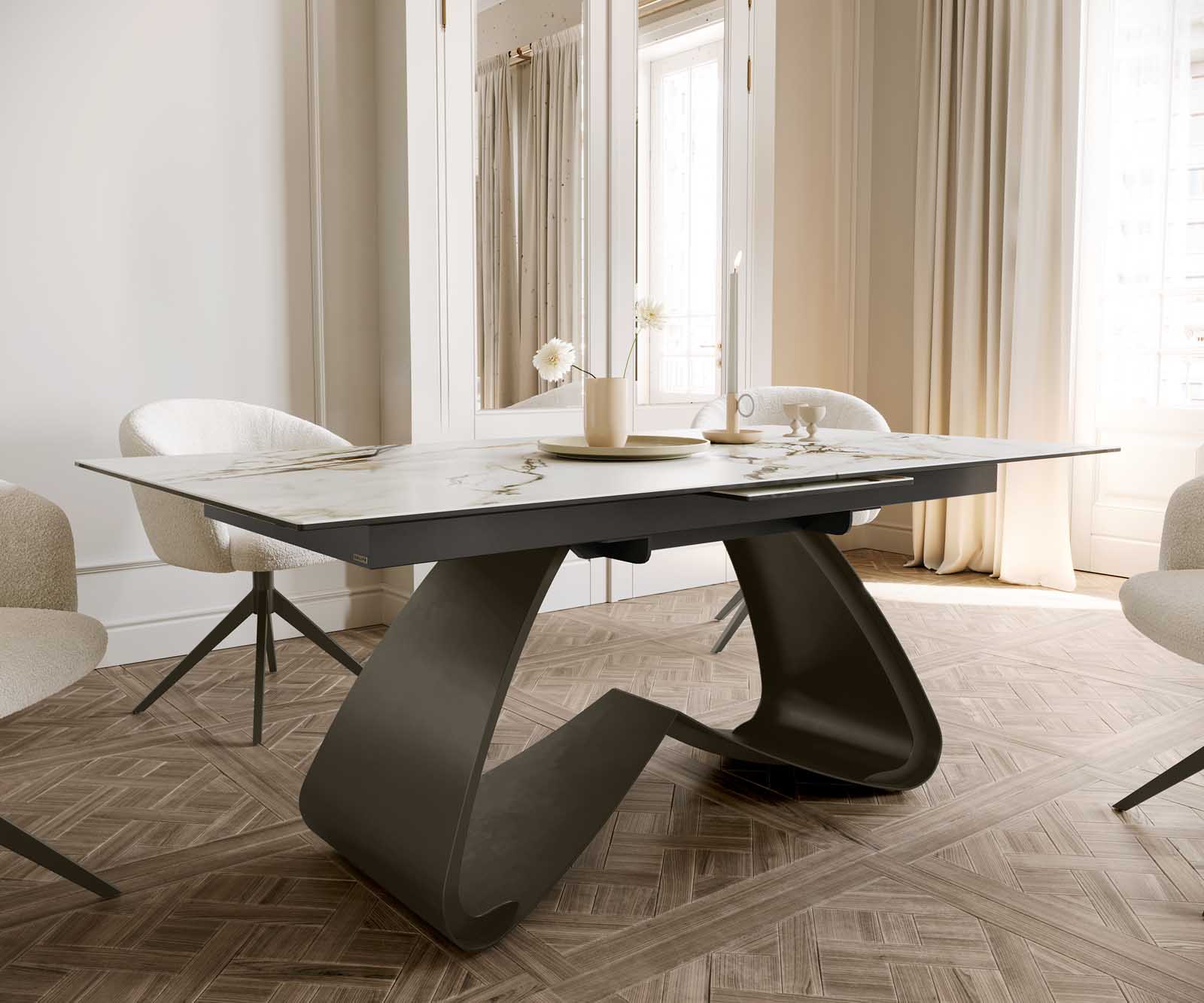 Esstisch Edge 180-220x100 Keramik Calacatta Luxe Weiß-Gold-Grau W-Gestell Effektfinish Titan Ausziehbar 6 Esstisch Edge 180-220x100 Keramik Calacatta Luxe Weiß-Gold-Grau W-Gestell Effektfinish Titan Ausziehbar 6