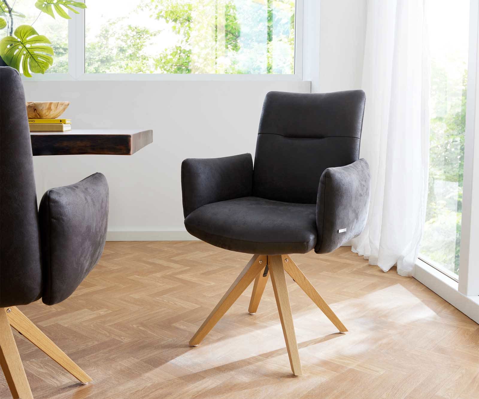 Drehstuhl Jova-Flex mit Armlehnen Mikrofaser Anthrazit Vintage Holzgestell kantig Natur 180° drehbar Taschenfederkern