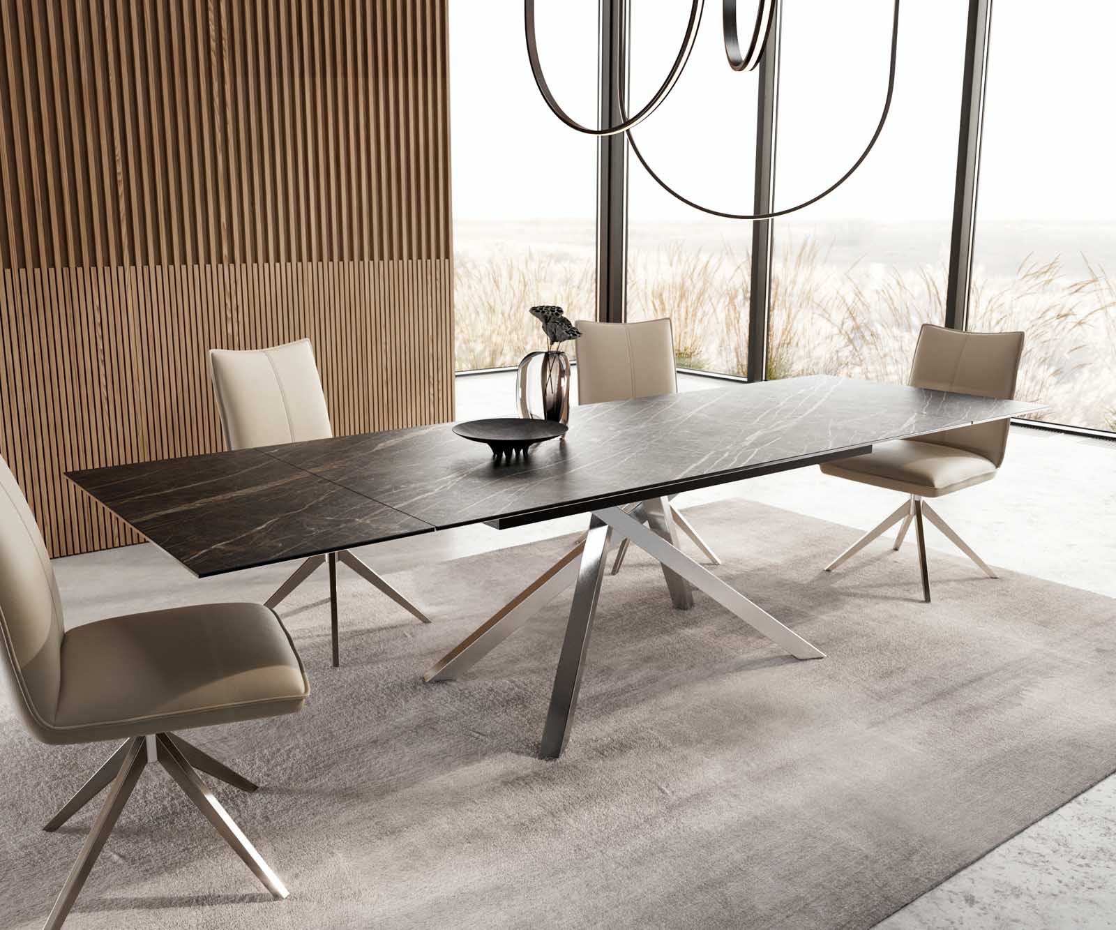 Esstisch Edge 200-300x100 Keramik Laminam®Noir Desir Braun Kreuzgestell Rechteck Edelstahl ausziehbar 6 Esstisch Edge 200-300x100 Keramik Laminam®Noir Desir Braun Kreuzgestell Rechteck Edelstahl ausziehbar 6