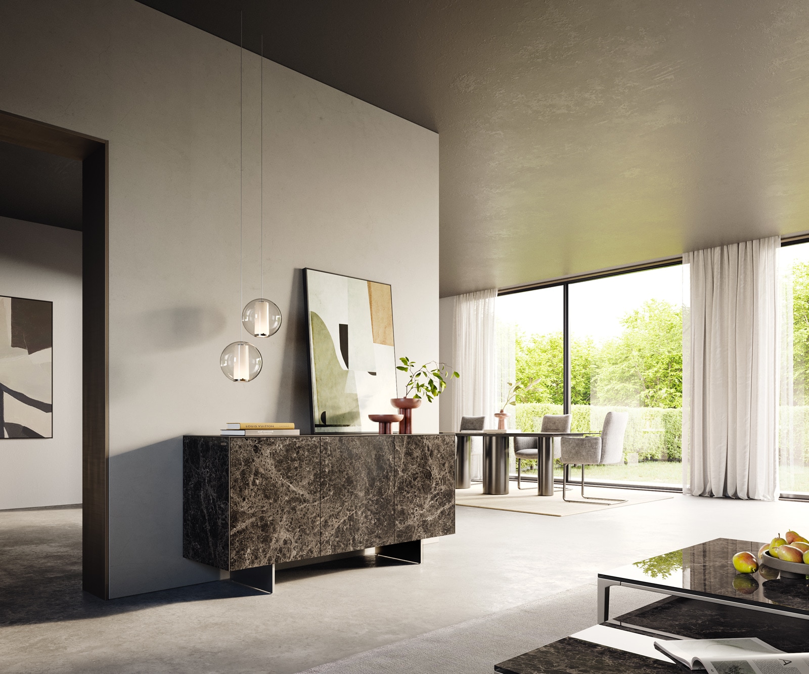 Sideboard Cuor 150 cm Keramik Laminam® Emperador Extra Lucidato Dunkelbraun 3 Türen Fuß Schwebeoptik Edelstahl 7