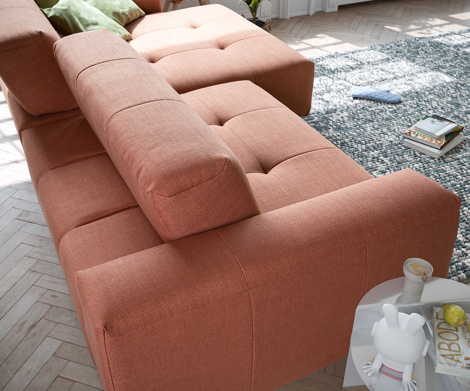Ecksofa Lazaro 300x160 cm Flachgewebe Orange Ottomane rechts mit Sitztiefenverstellung 3