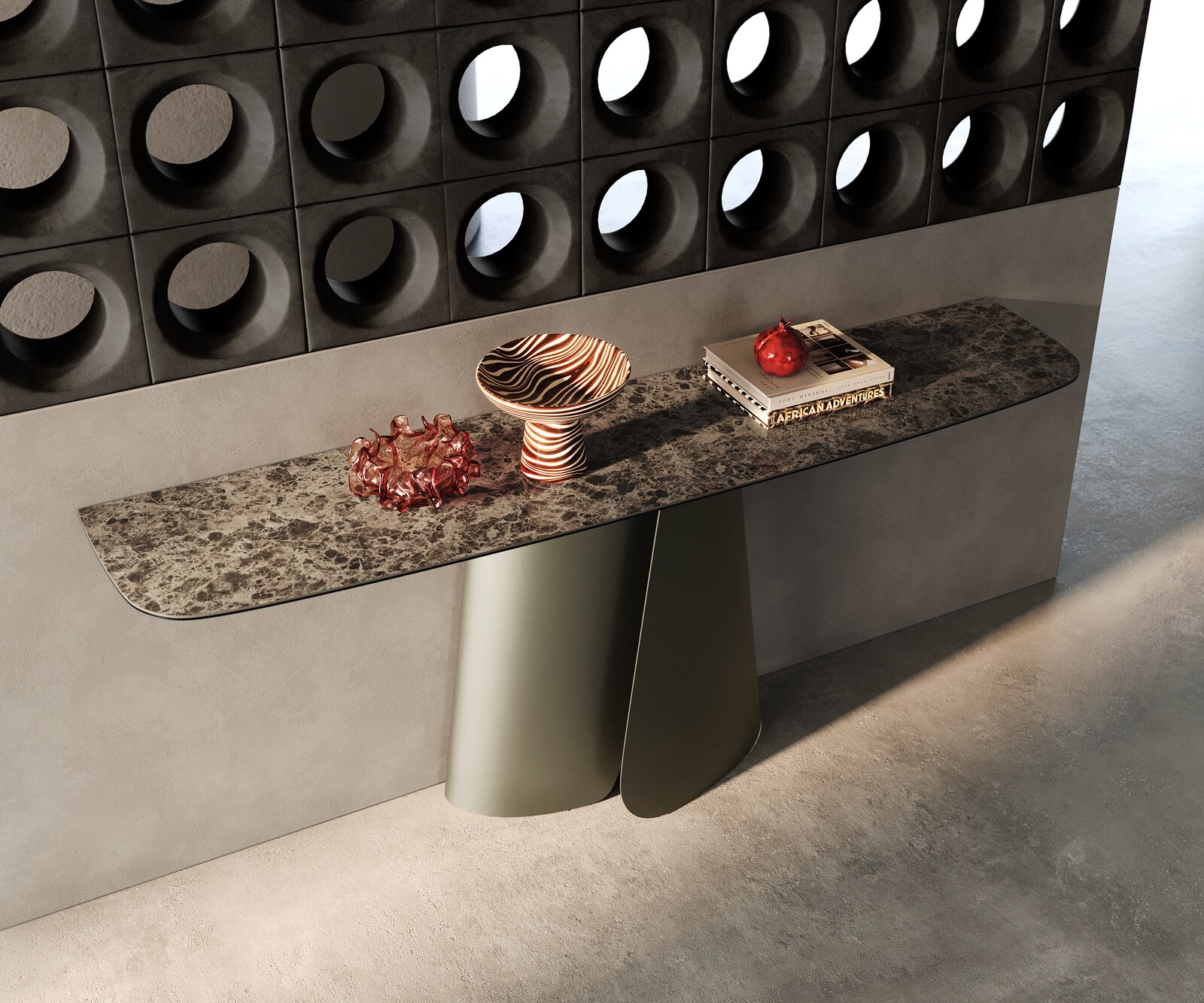 Konsolentisch Edge Boot 180x40 cm Keramik Emperador Extra Lucidato Dunkelbraun Livos Metall Effektfinish Titan 2