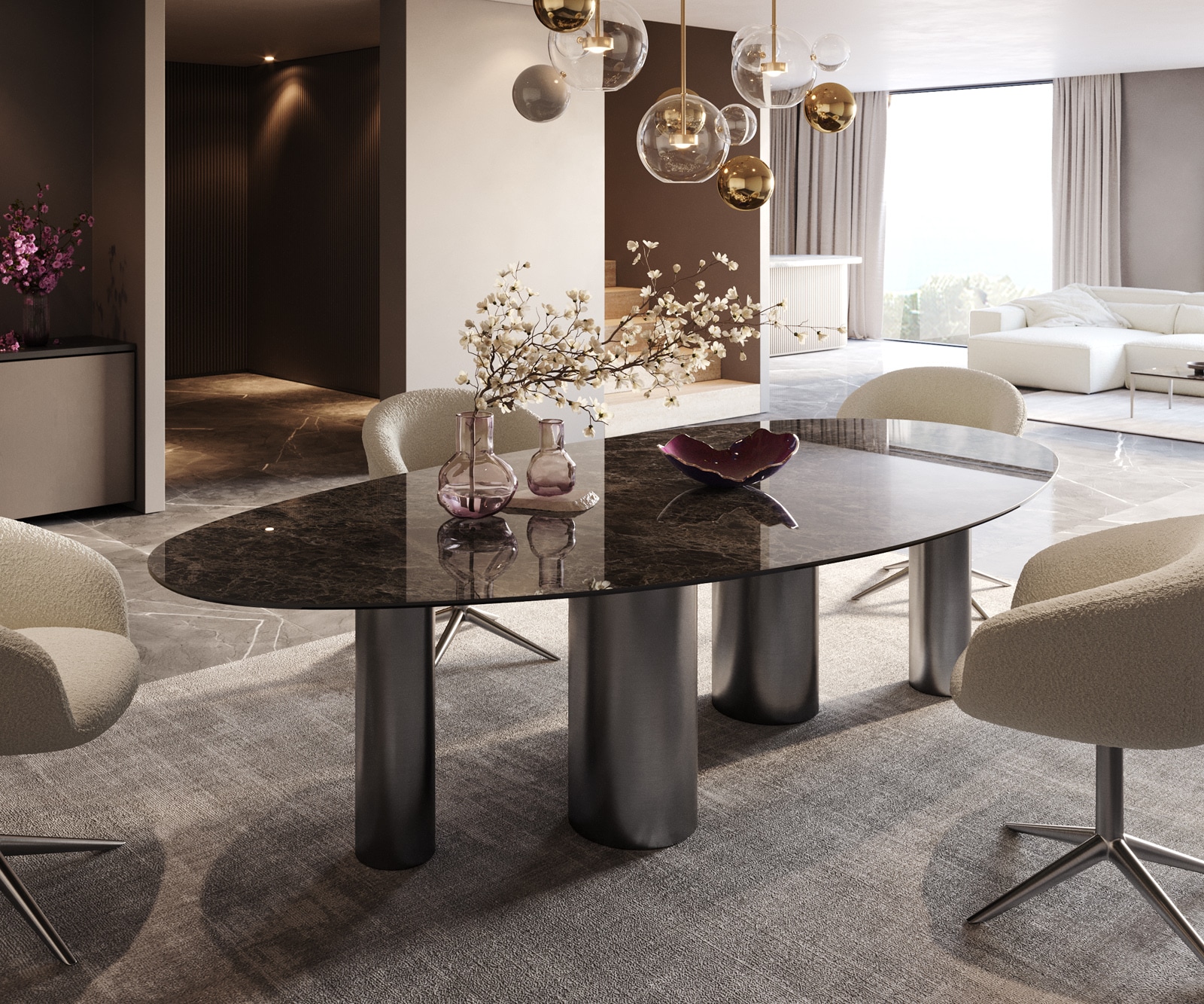 Esstisch Edge Oval 280x130 Keramik Emperador Extra Lucidato Dunkelbraun Pilier Edelstahl Graphit