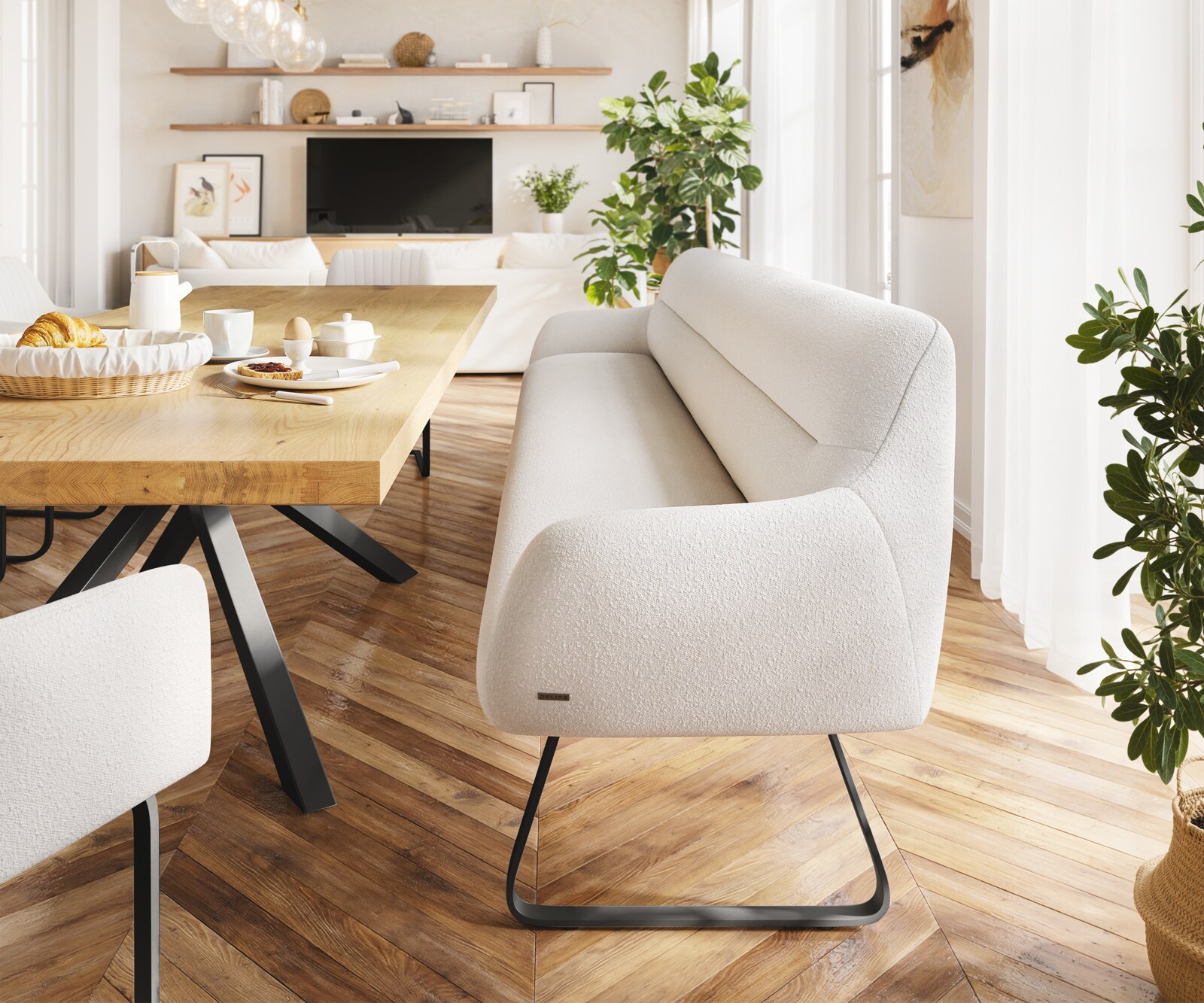 Esszimmerbank Taya-Flex 300 cm Bouclé Creme-Weiß Kufengestell flach Schwarz Taschenfederkern 2