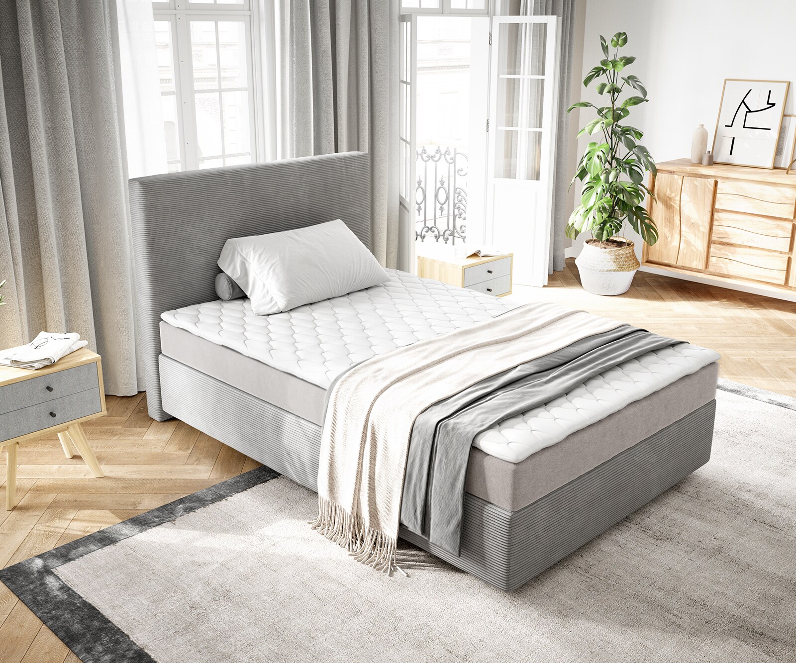 Boxspringbett Dream-Well 120x200 cm Cord Silbergrau mit Matratze und Topper 3