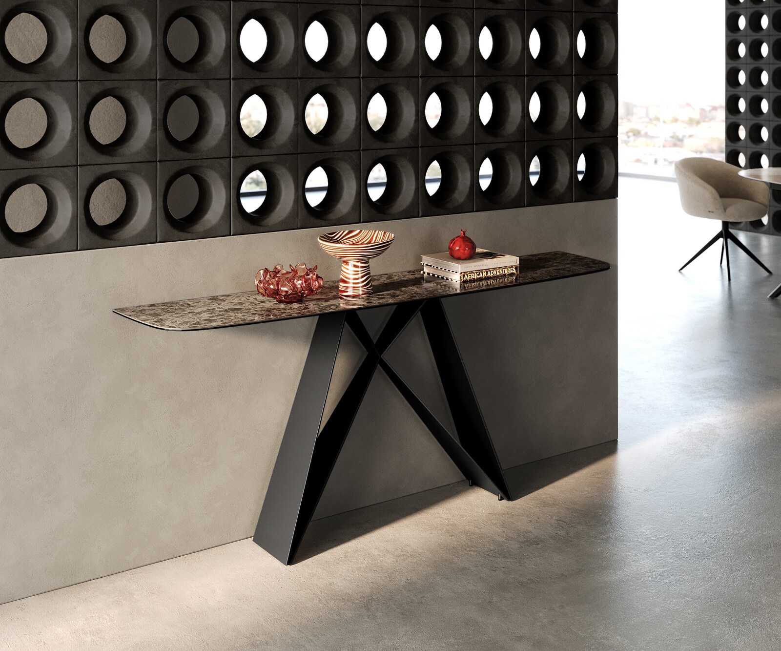 Konsolentisch Edge Boot 180x40 cm Keramik Emperador Extra Lucidato Dunkelbraun Velio Metall Schwarz 3