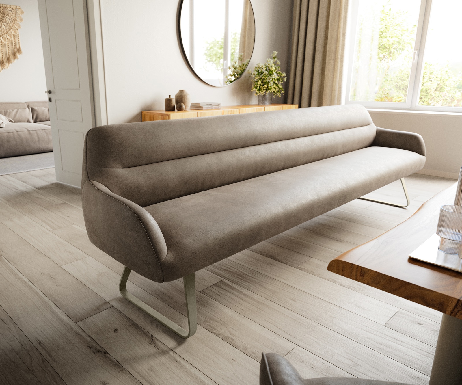 Esszimmerbank Taya-Flex 300 cm Mikrofaser Taupe Vintage Kufengestell flach Effektfinish Titan Taschenfederkern