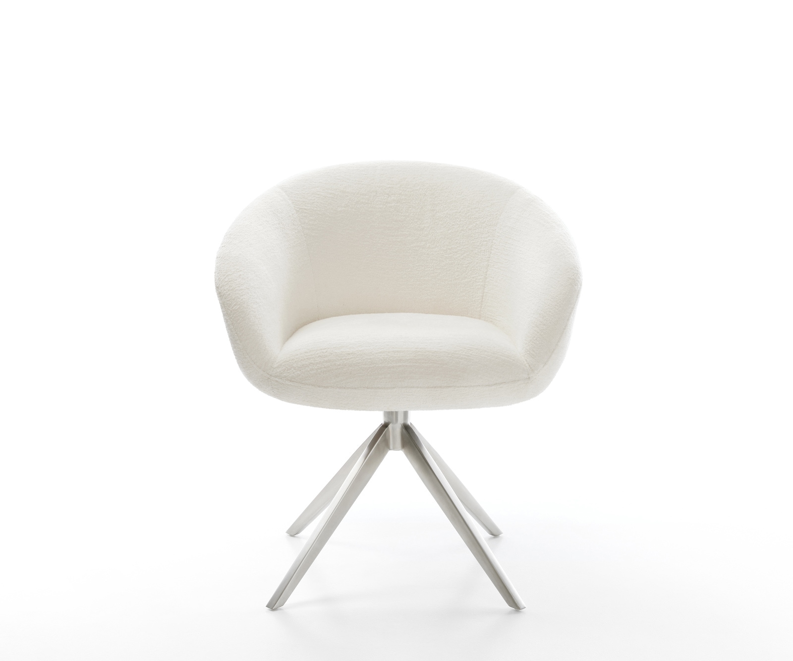 Drehstuhl Vinka-Flex mit Armlehnen Bouclé Soft Beige Kreuzgestell breit Edelstahl 360° drehbar Wippfunktion Taschenfederkern 1