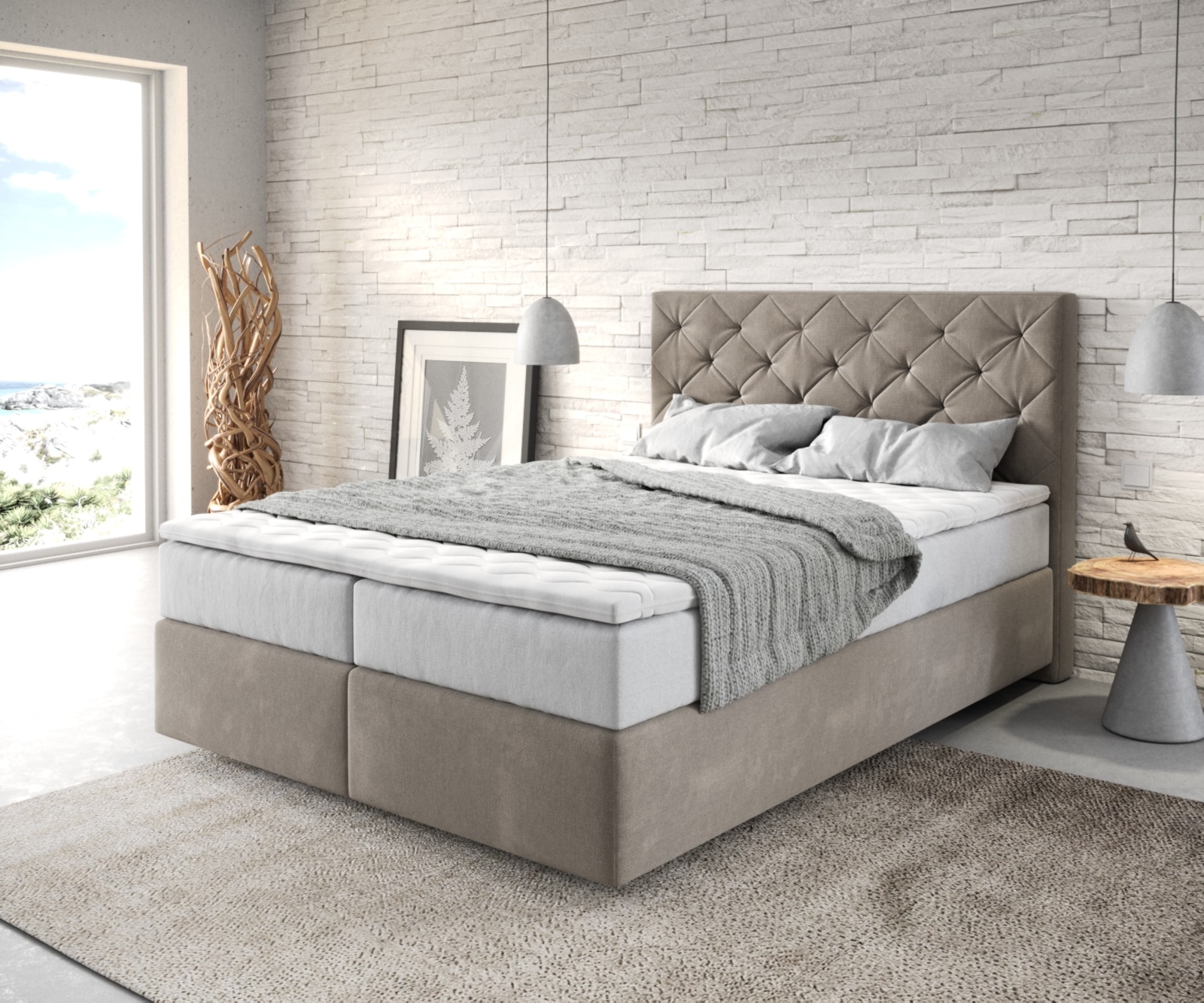 Boxspringbett Dream-Great 140x200 cm Mikrofaser Beige mit TFK Matratze und Visco Topper Boxspringbett Dream-Great 140x200 cm Mikrofaser Beige mit TFK Matratze und Visco Topper