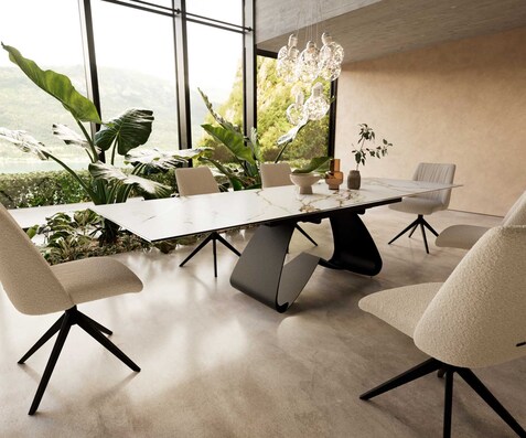 Esstisch Edge 200-300x100 Keramik Calacatta Luxe Weiß-Gold-Grau W-Gestell Schwarz ausziehbar