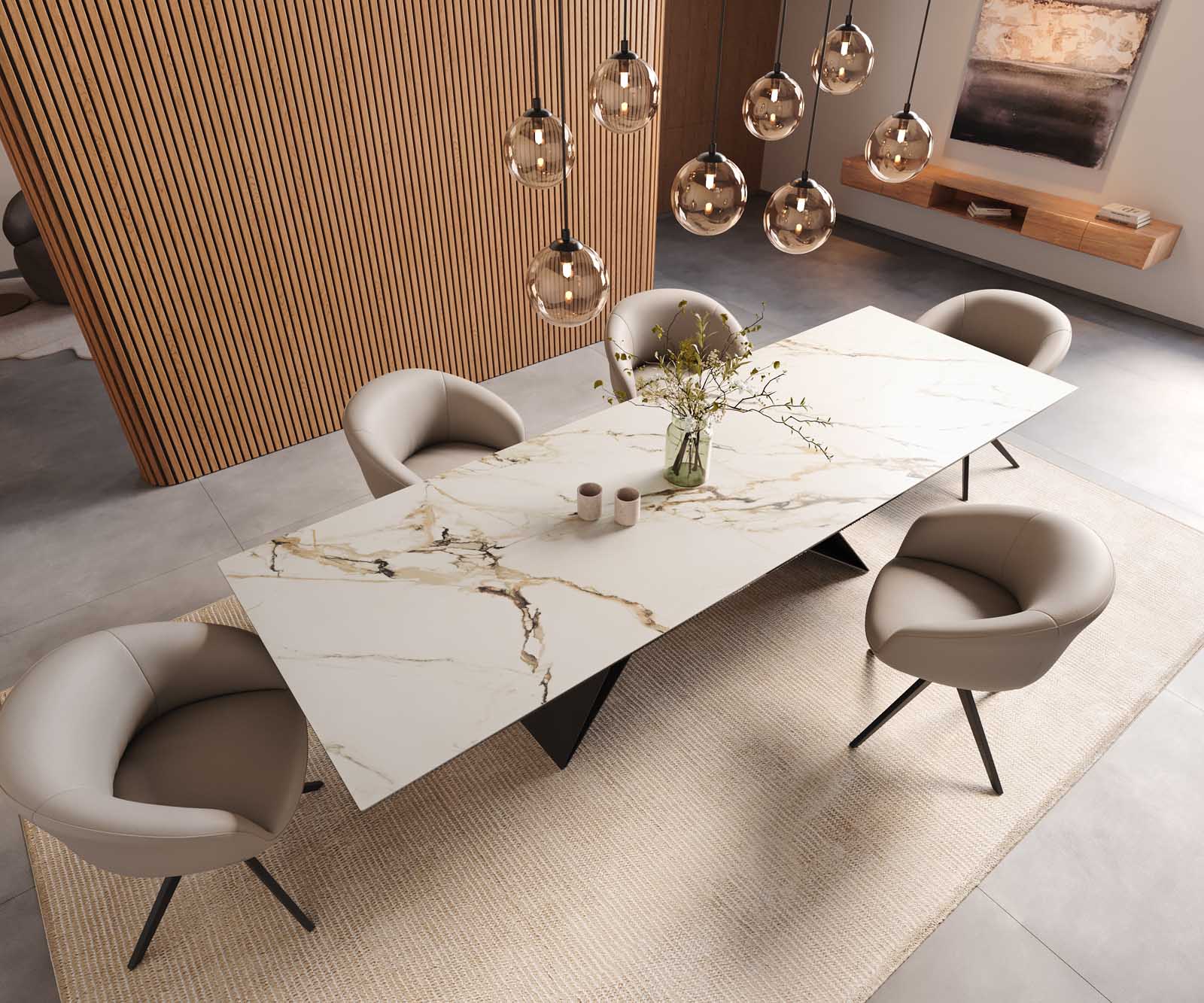 Esstisch Edge 300x100 Keramik Calacatta Luxe Weiß-Gold-Grau V-Gestell Flachstahl Schwarz 6